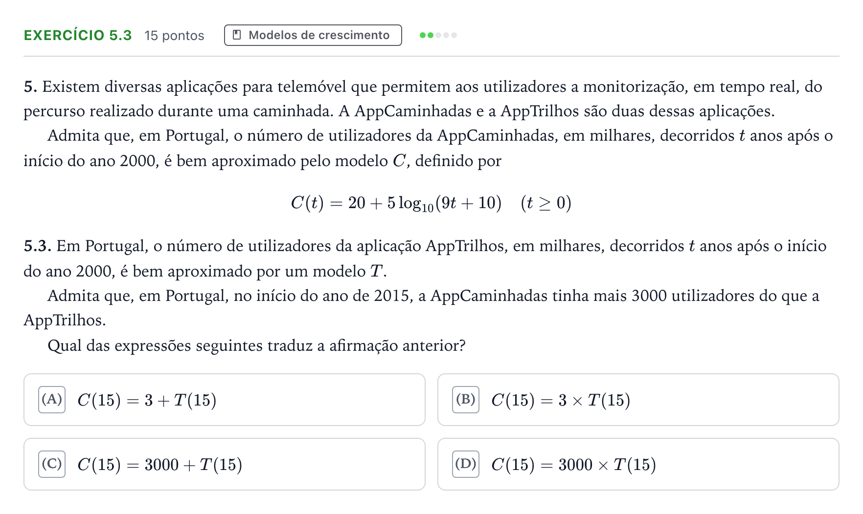 Enunciado: Exercício 5.3 · Exame Nacional Matemática Aplicada às Ciências Sociais 2.ª fase 2025