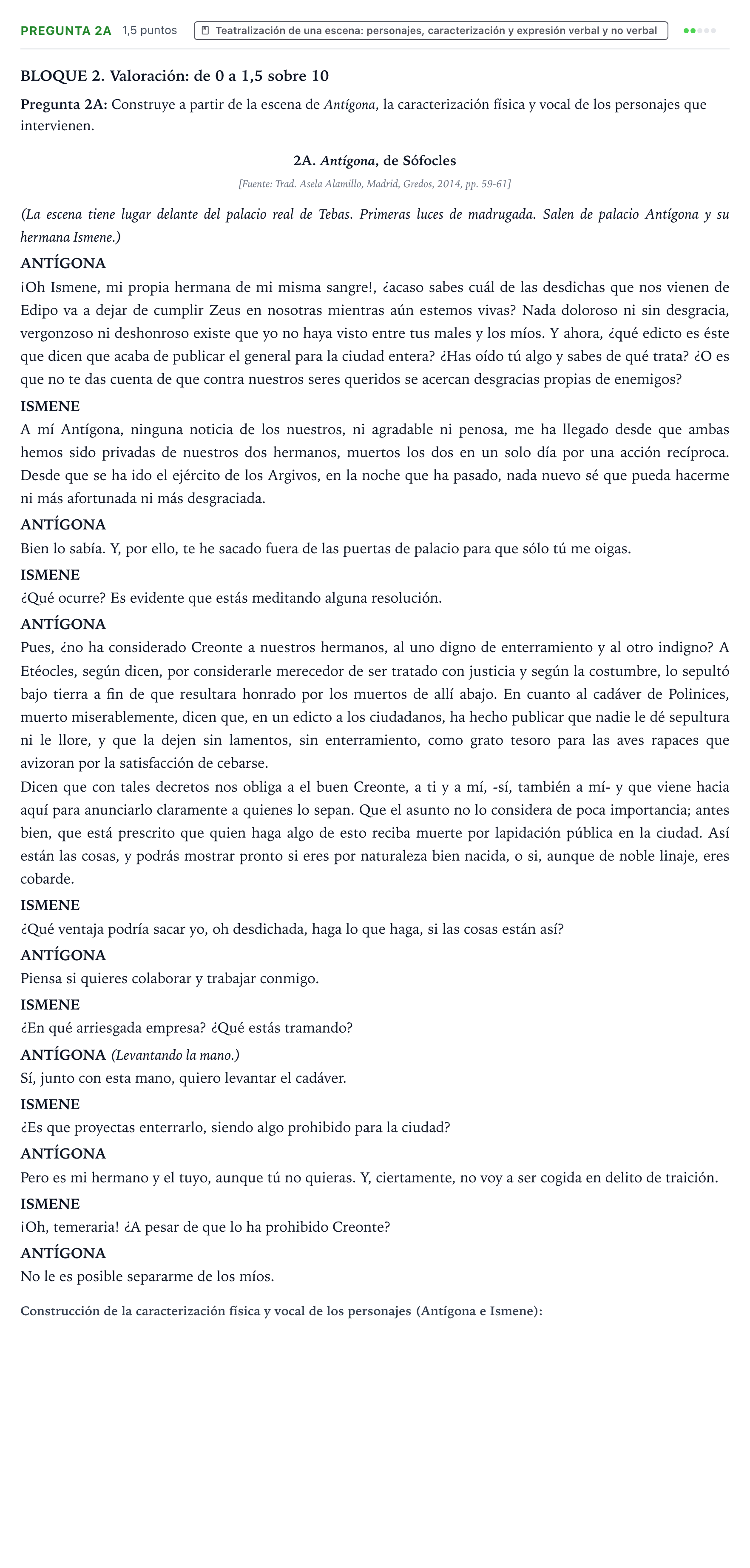 Enunciado: Pregunta 2A · Artes Escénicas PAU Castilla y León Ordinaria 2024