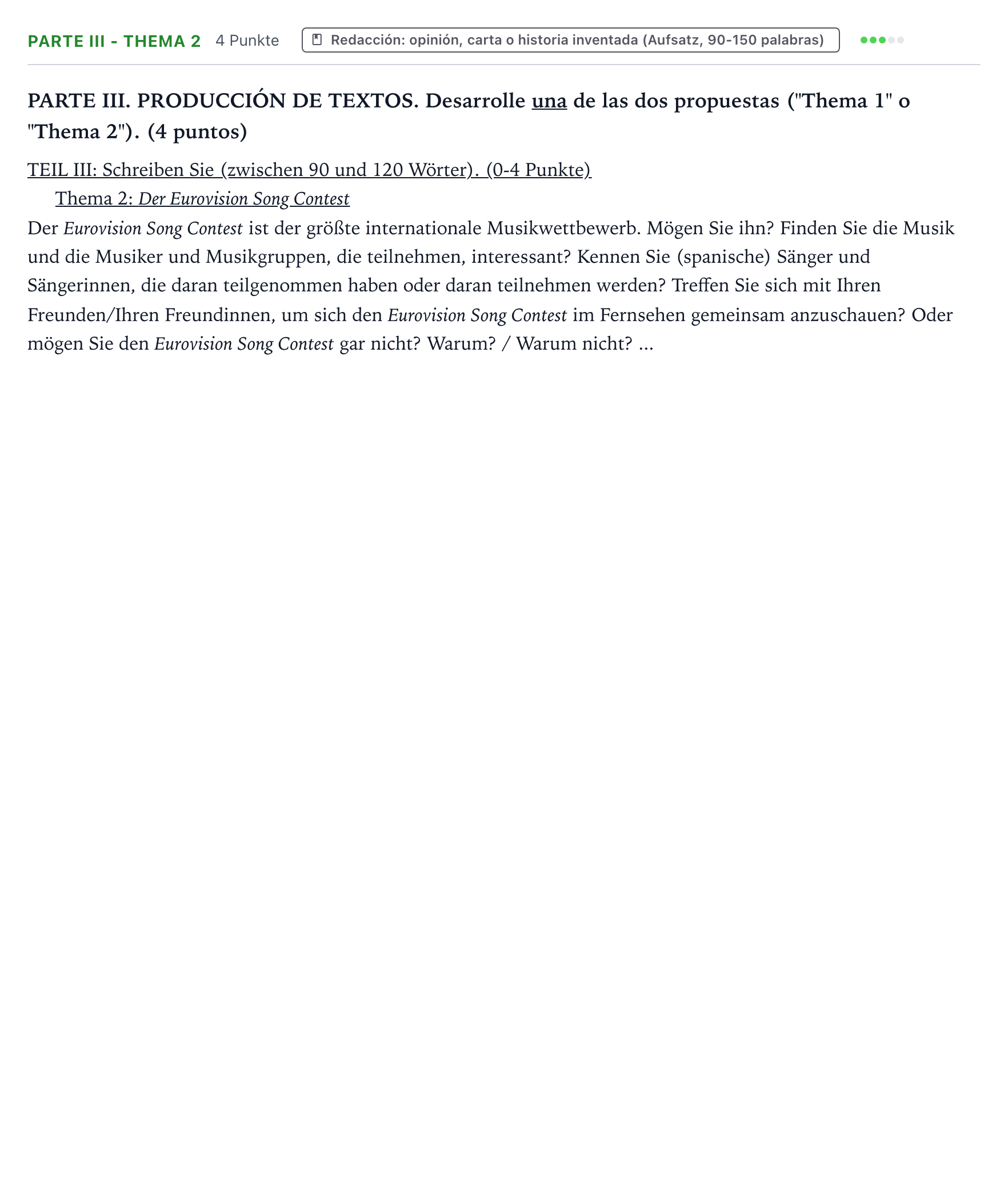 Enunciado: Ejercicio Parte III - Thema 2 · Alemán PAU Castilla y León Ordinaria (Fase Mejora de Nota) 2024