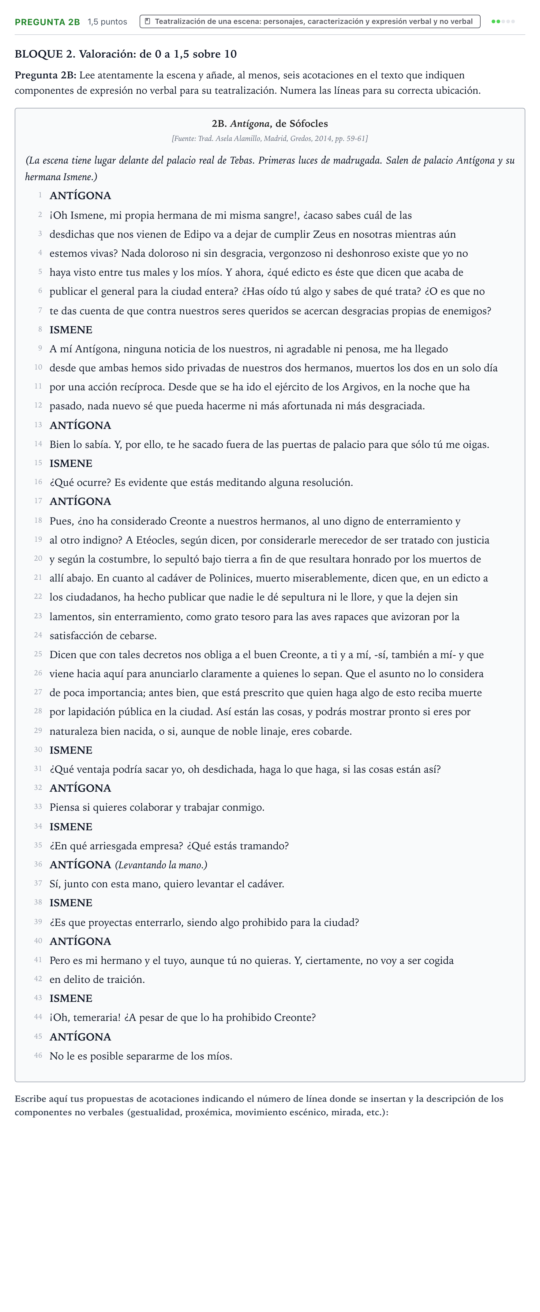 Enunciado: Pregunta 2B · Artes Escénicas PAU Castilla y León Extraordinaria (Fase Mejora de Nota) 2024