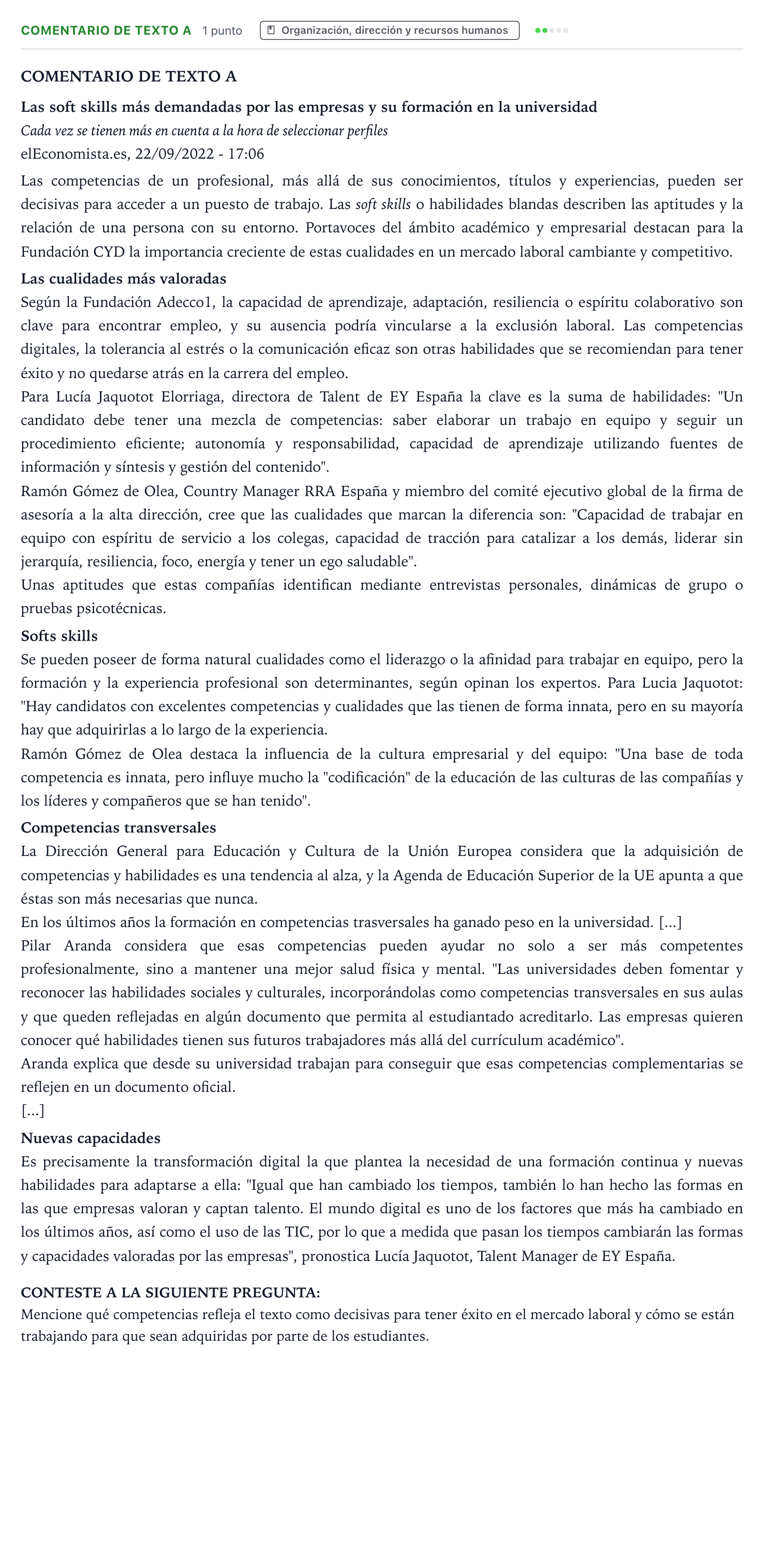 Enunciado: Ejercicio Comentario de Texto A · Empresa y Diseño de Modelos de Negocio PAU Castilla y León Extraordinaria 2024