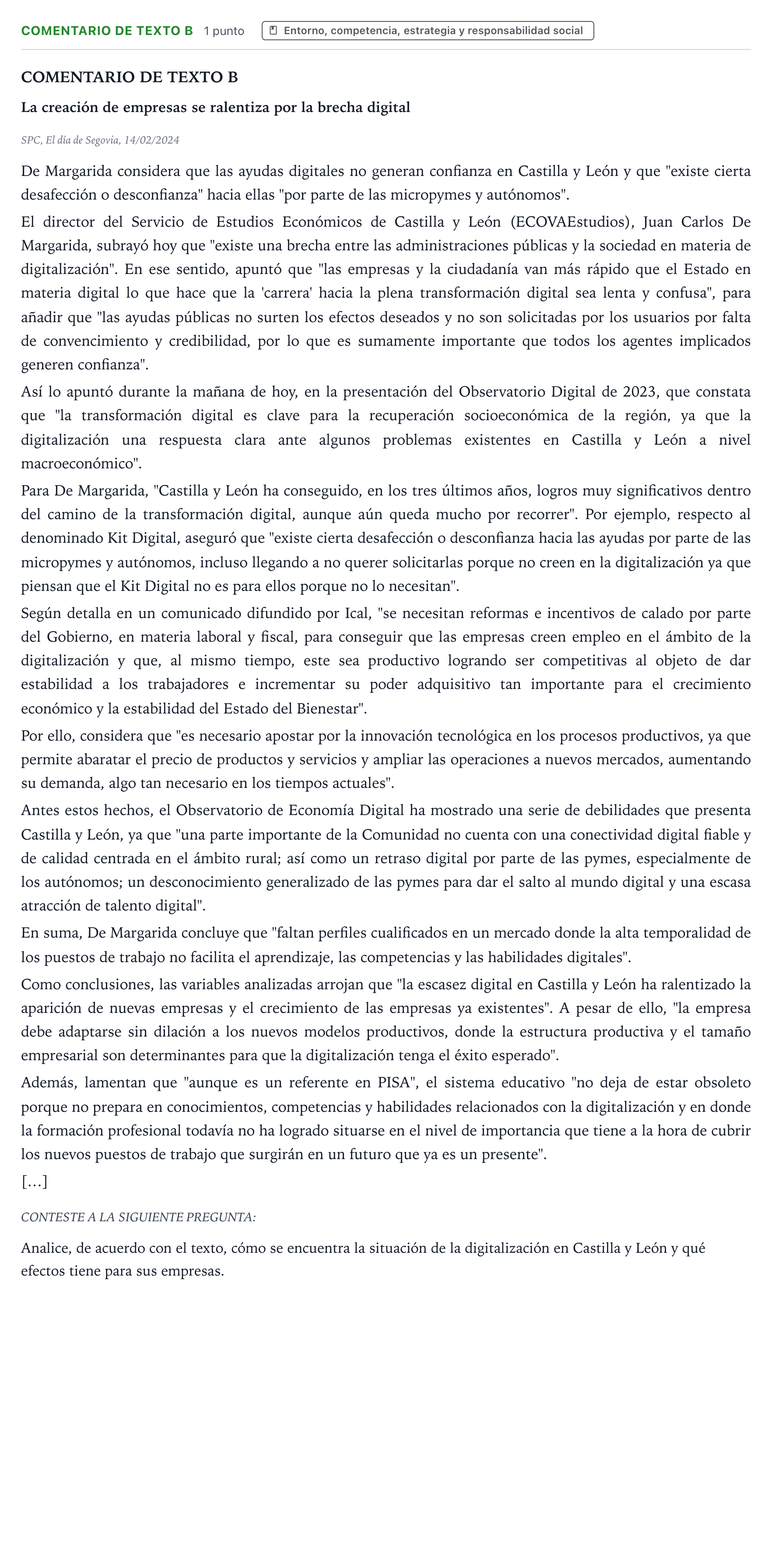 Enunciado: Ejercicio Comentario de Texto B · Empresa y Diseño de Modelos de Negocio PAU Castilla y León Extraordinaria 2024