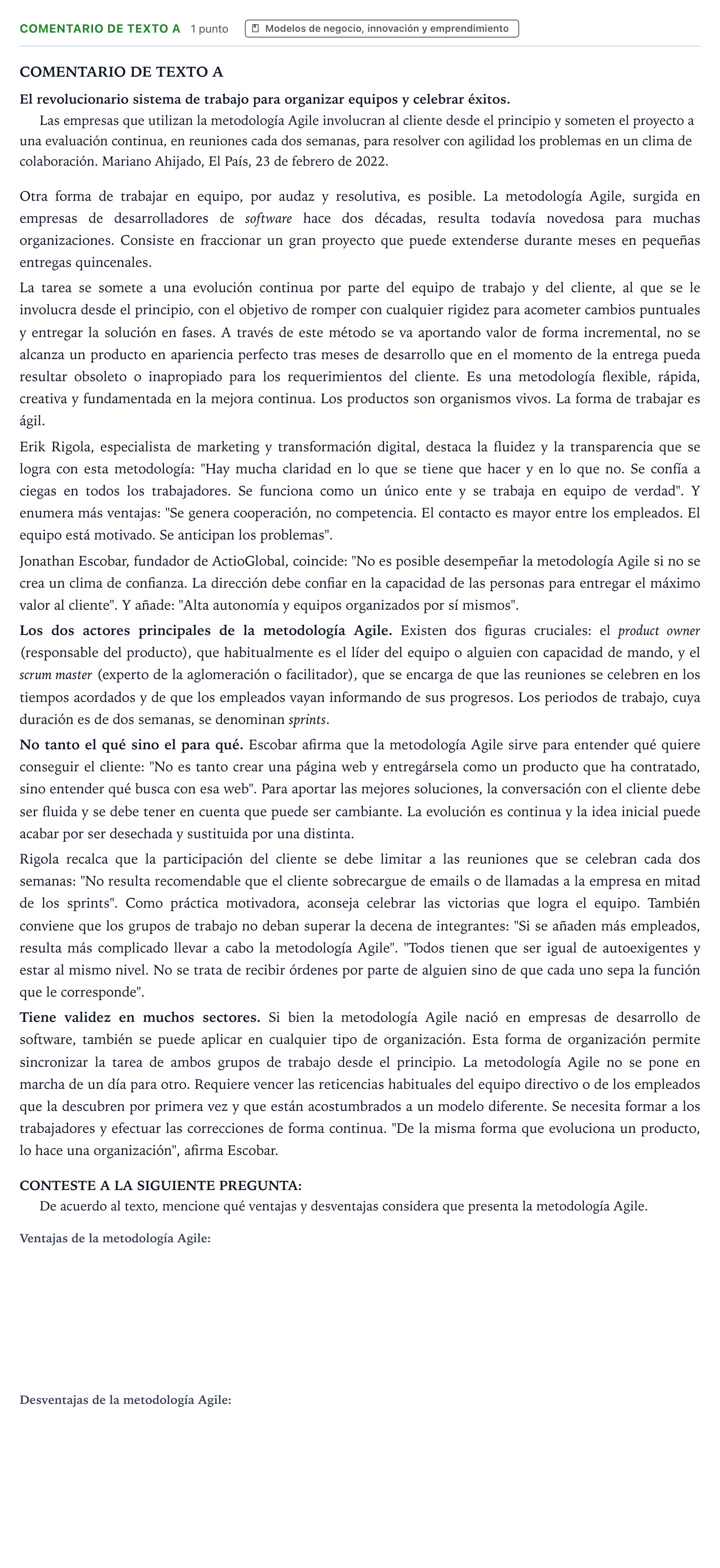 Enunciado: Ejercicio Comentario de Texto A · Empresa y Diseño de Modelos de Negocio PAU Castilla y León Ordinaria 2024