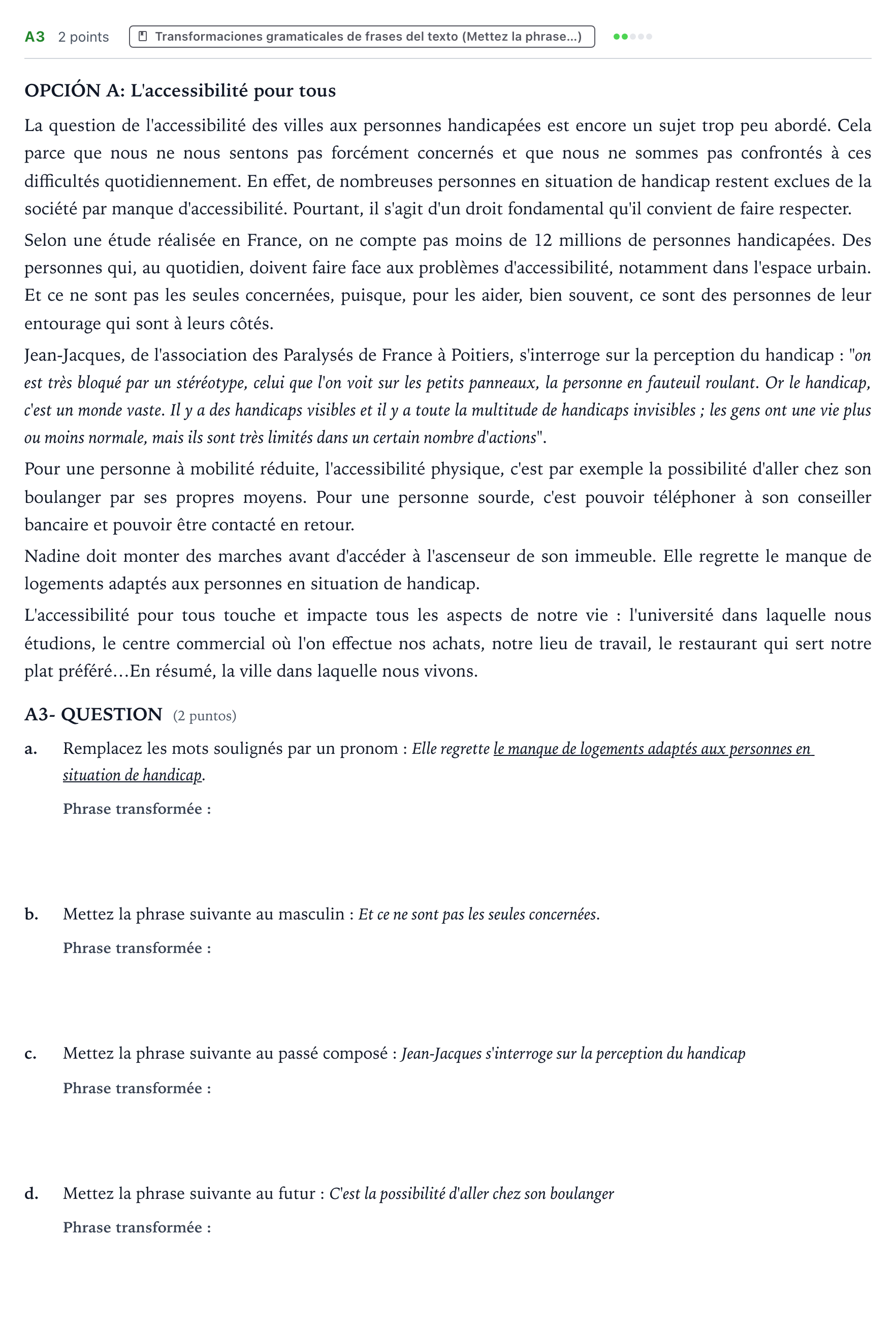 Enunciado: Ejercicio A3 · Francés PAU Castilla y León Ordinaria 2024