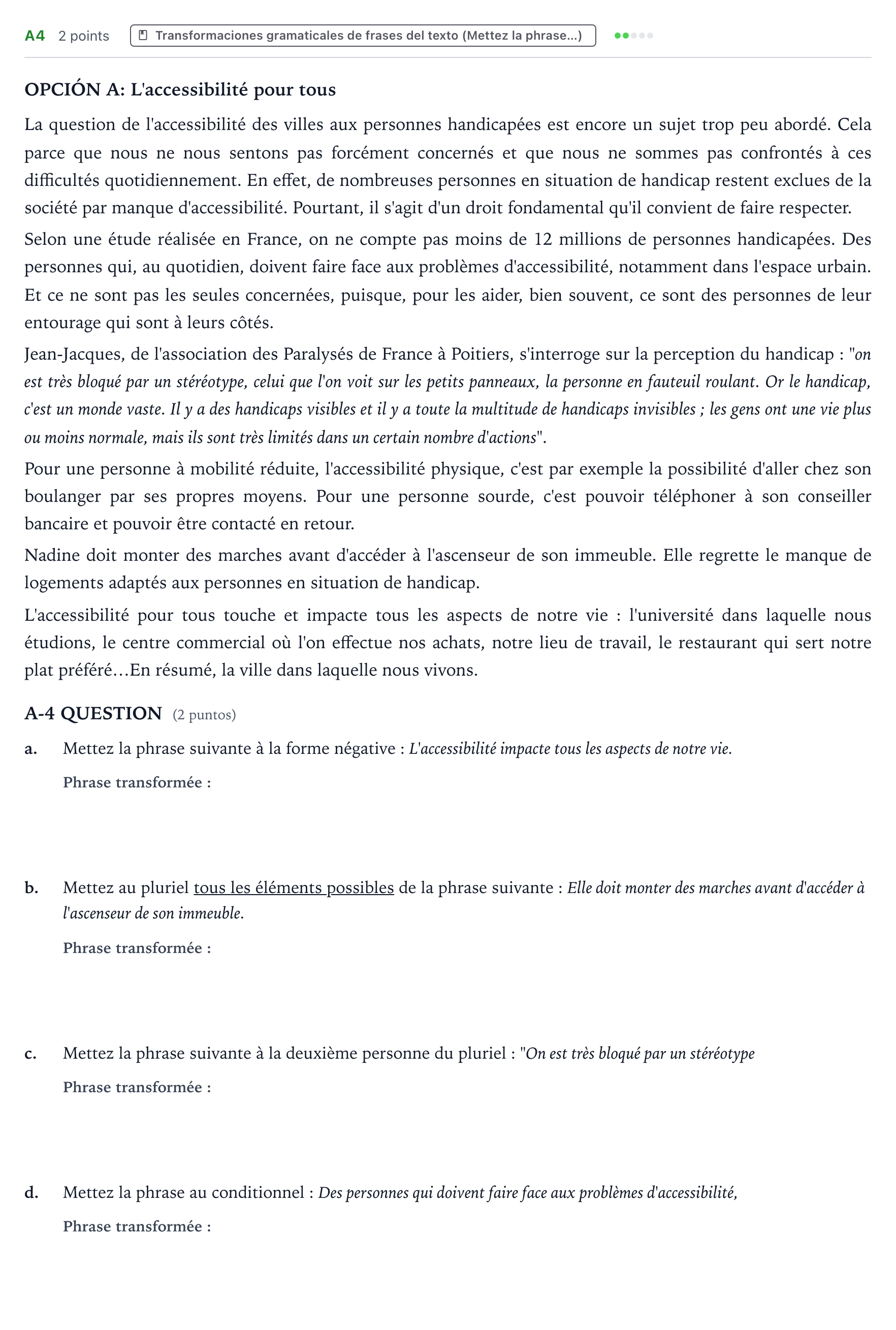 Enunciado: Ejercicio A4 · Francés PAU Castilla y León Ordinaria 2024