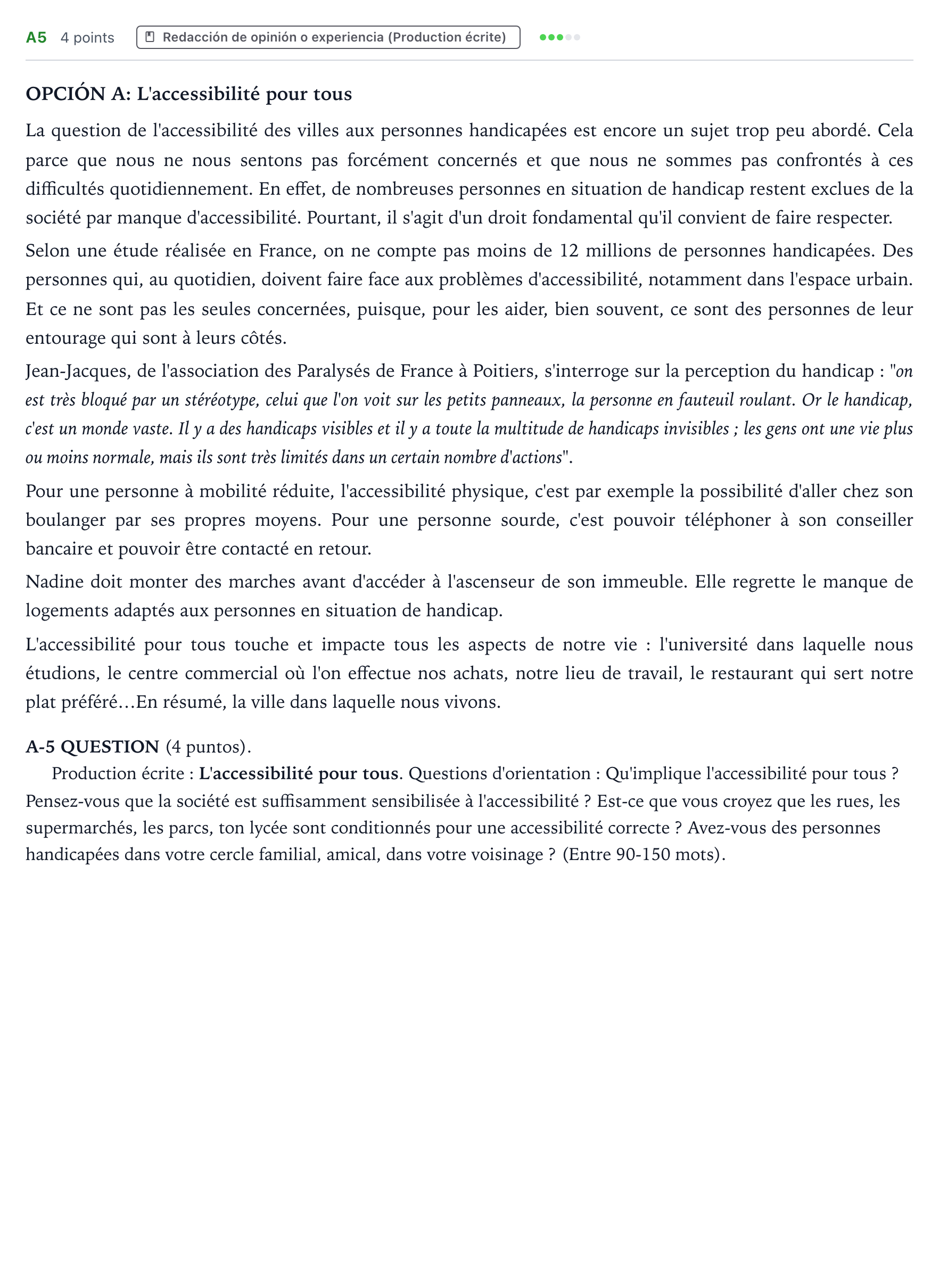 Enunciado: Ejercicio A5 · Francés PAU Castilla y León Ordinaria 2024