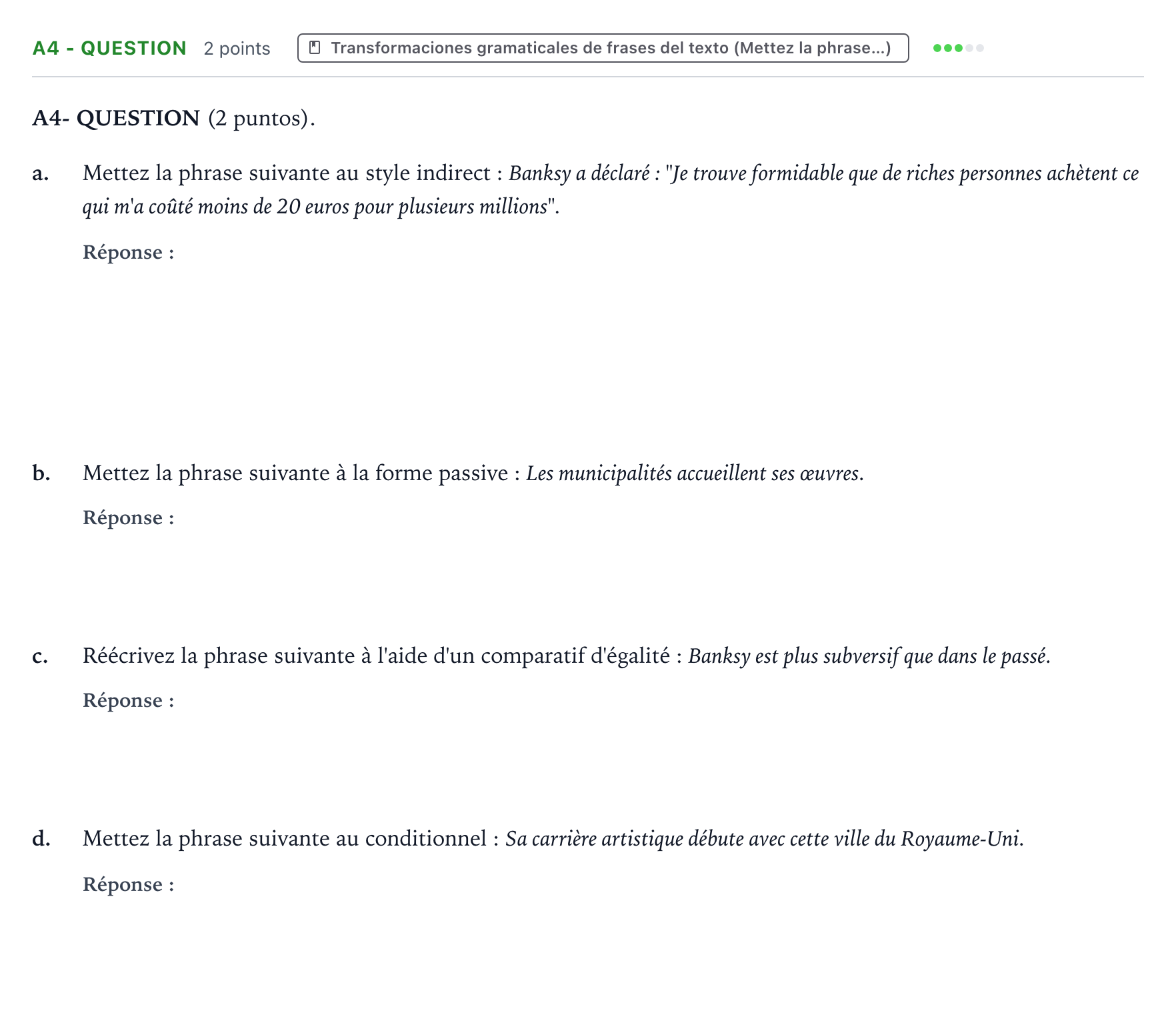 Enunciado: Ejercicio A4 - QUESTION · Francés PAU Castilla y León Extraordinaria (Fase Mejora de Nota) 2024