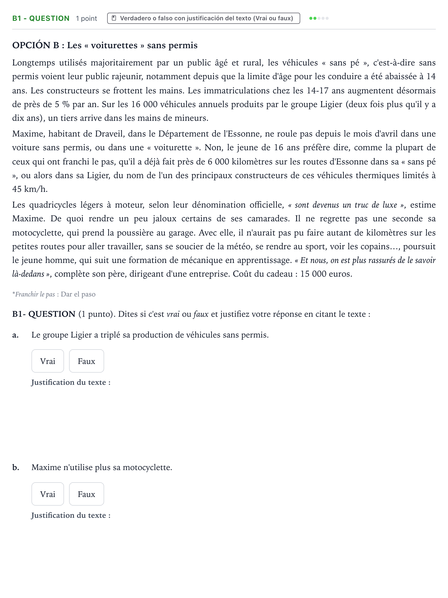 Enunciado: Ejercicio B1 - QUESTION · Francés PAU Castilla y León Extraordinaria (Fase Mejora de Nota) 2024