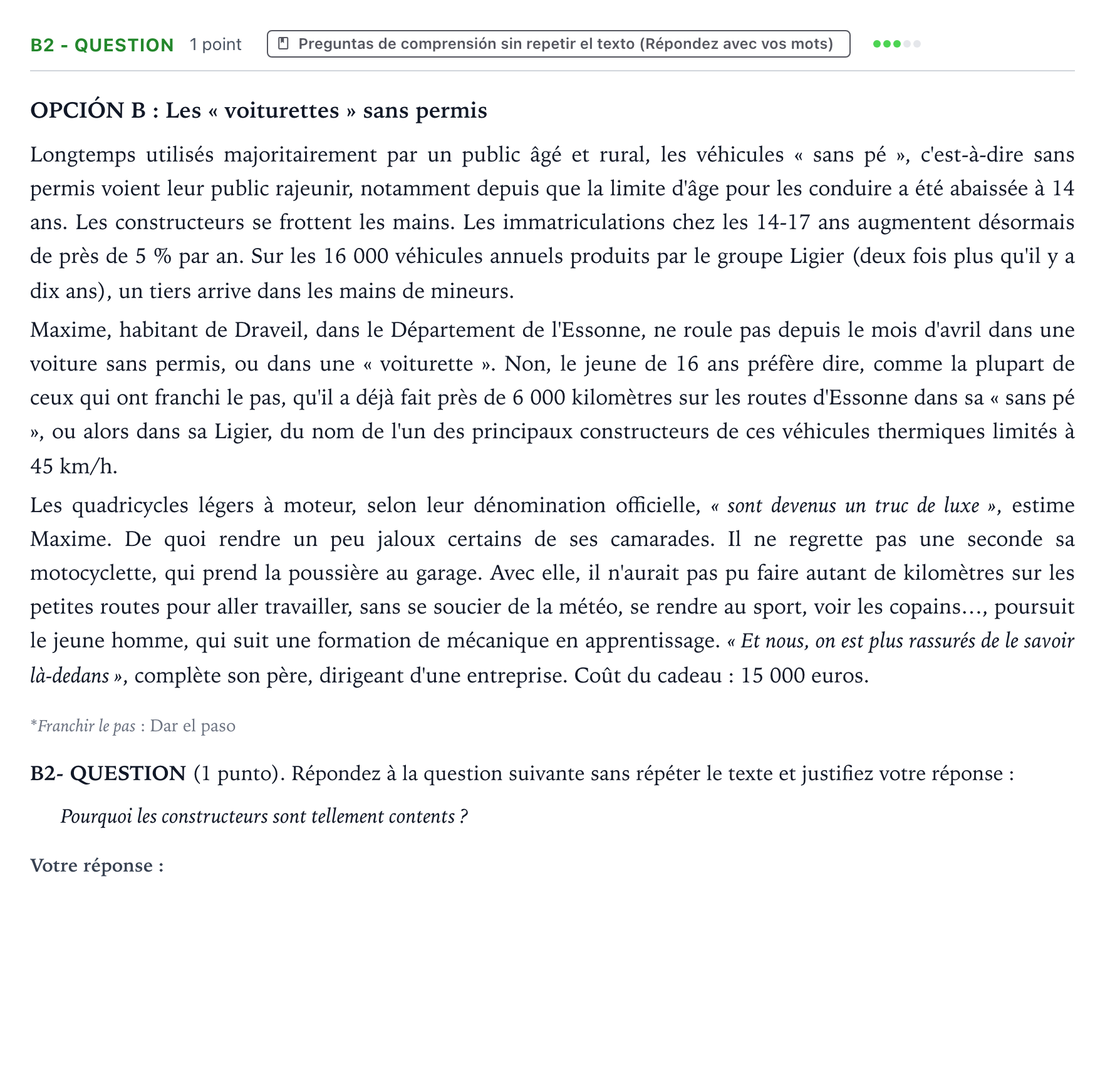 Enunciado: Ejercicio B2 - QUESTION · Francés PAU Castilla y León Extraordinaria (Fase Mejora de Nota) 2024