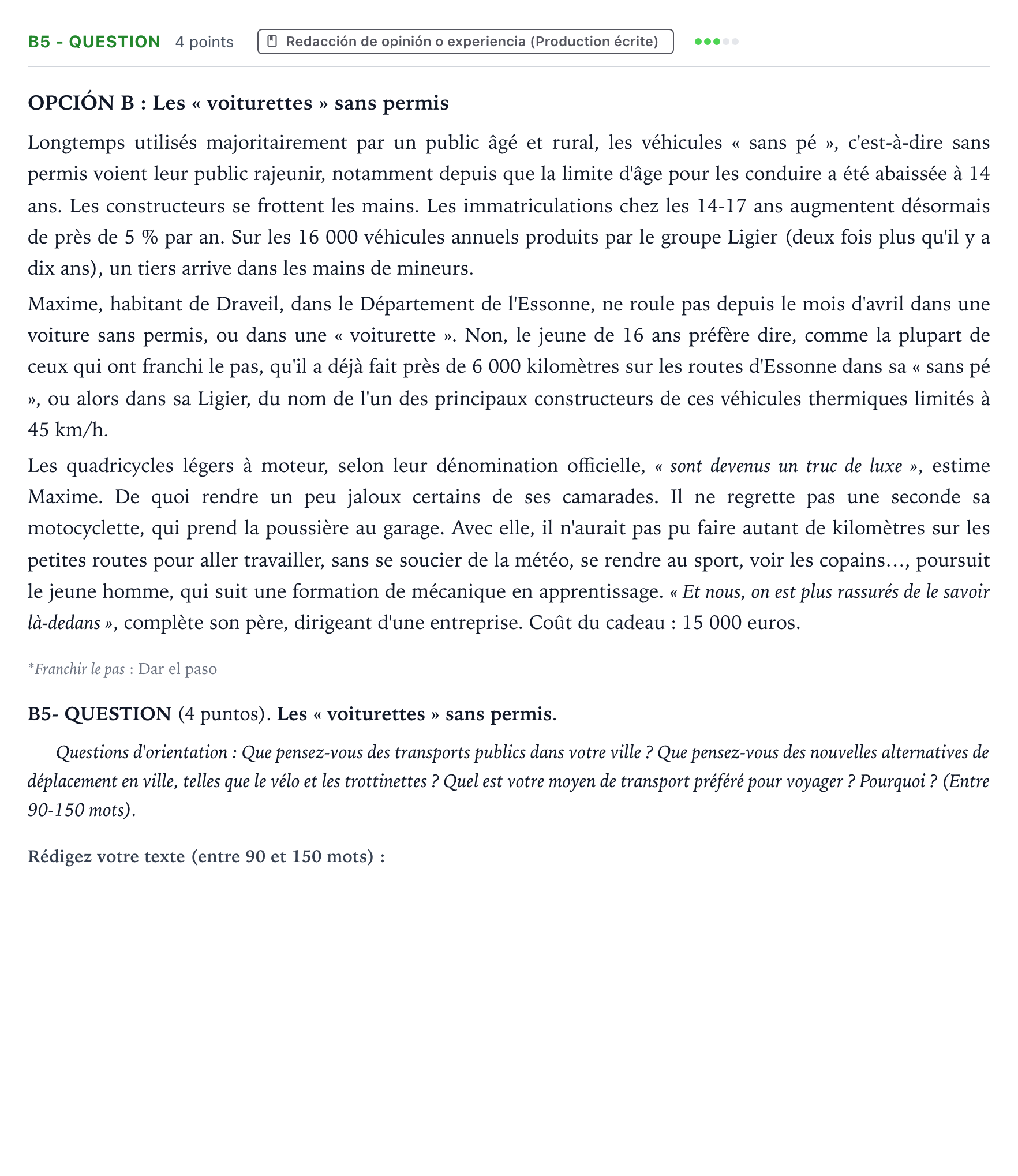 Enunciado: Ejercicio B5 - QUESTION · Francés PAU Castilla y León Extraordinaria (Fase Mejora de Nota) 2024