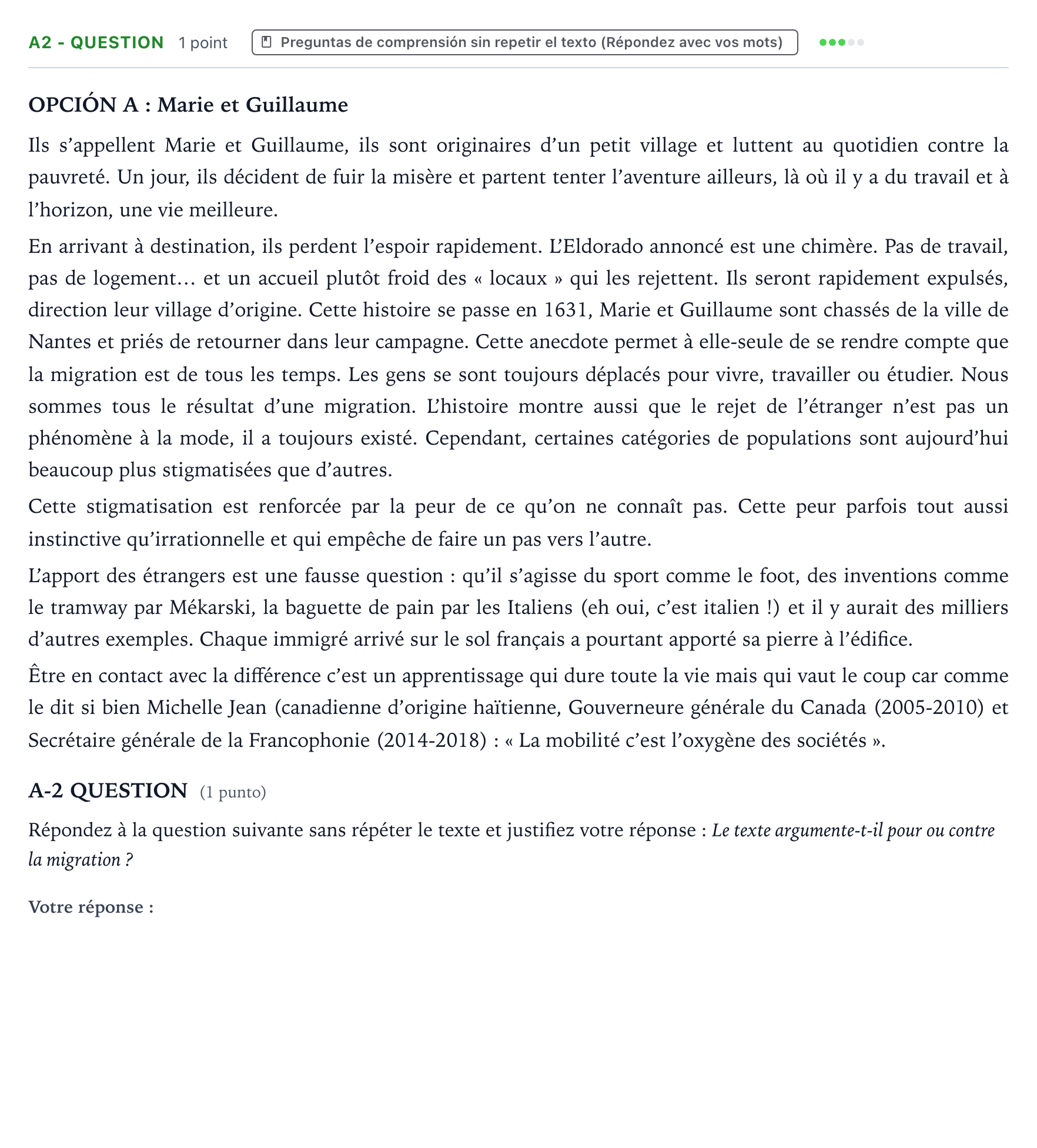 Enunciado: Ejercicio A2 - QUESTION · Francés PAU Castilla y León Ordinaria (Fase Mejora de Nota) 2024