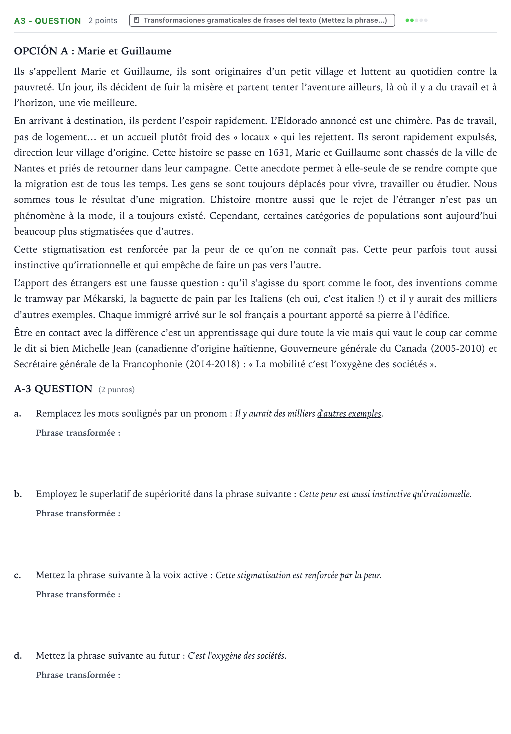 Enunciado: Ejercicio A3 - QUESTION · Francés PAU Castilla y León Ordinaria (Fase Mejora de Nota) 2024
