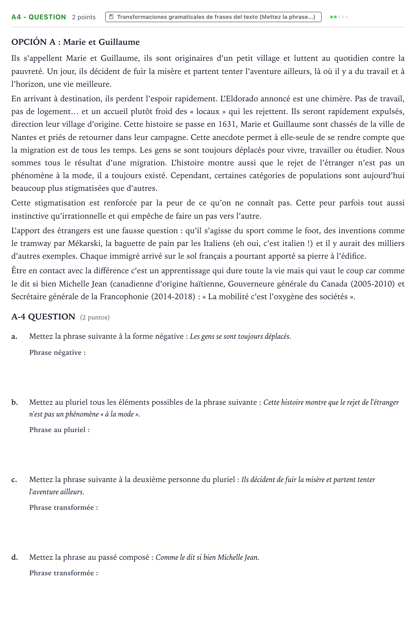 Enunciado: Ejercicio A4 - QUESTION · Francés PAU Castilla y León Ordinaria (Fase Mejora de Nota) 2024