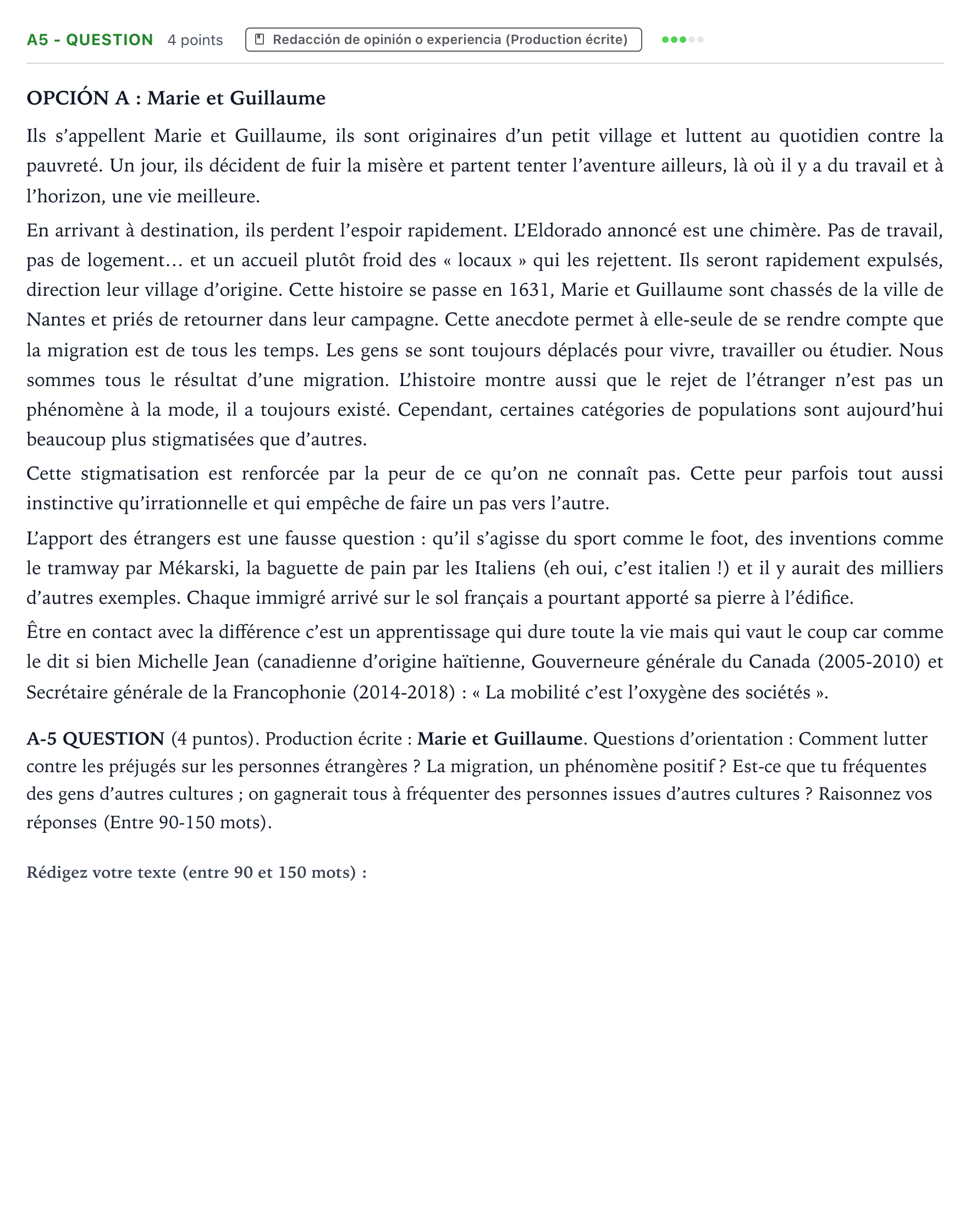 Enunciado: Ejercicio A5 - QUESTION · Francés PAU Castilla y León Ordinaria (Fase Mejora de Nota) 2024