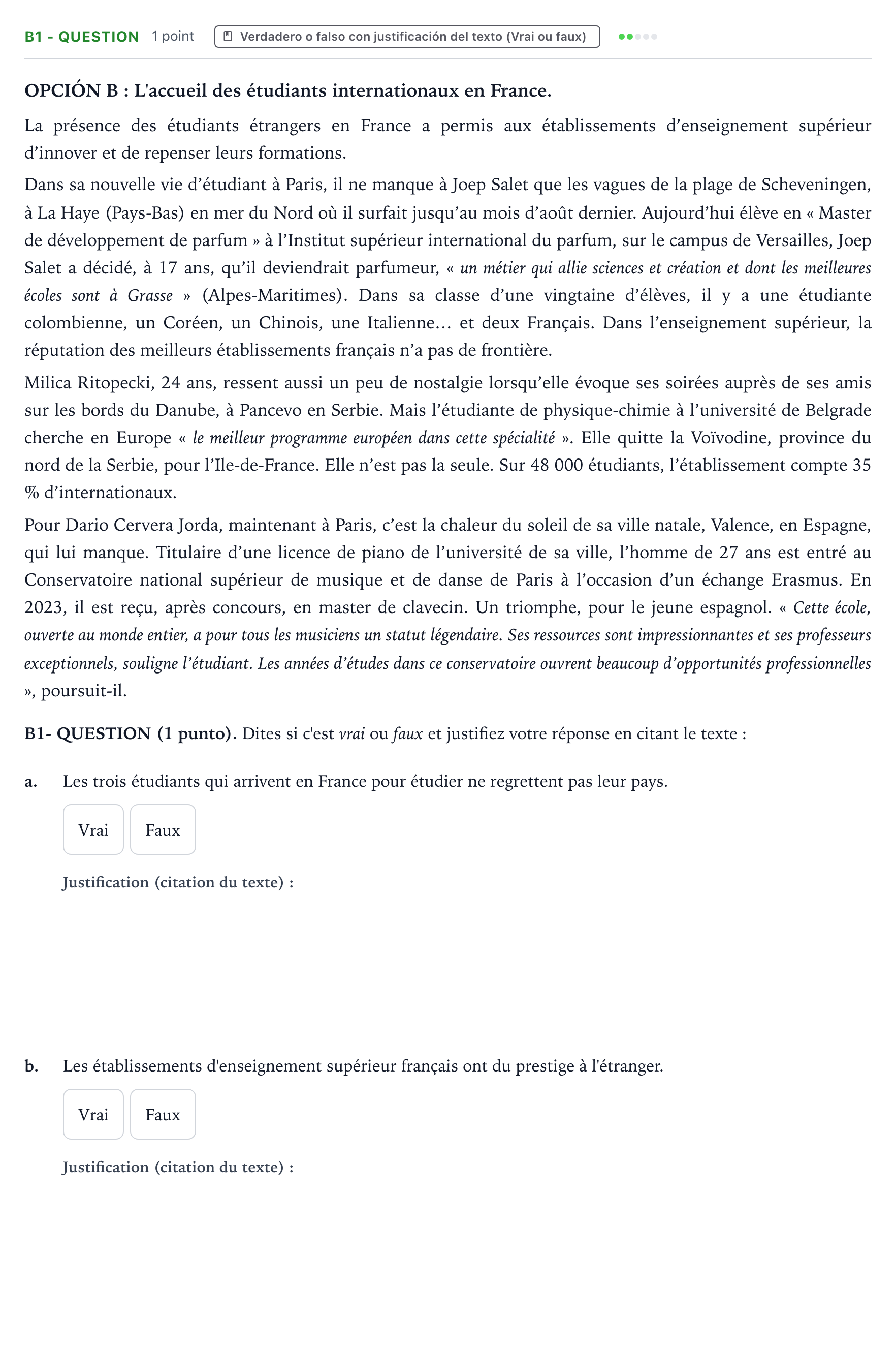 Enunciado: Ejercicio B1 - QUESTION · Francés PAU Castilla y León Ordinaria (Fase Mejora de Nota) 2024