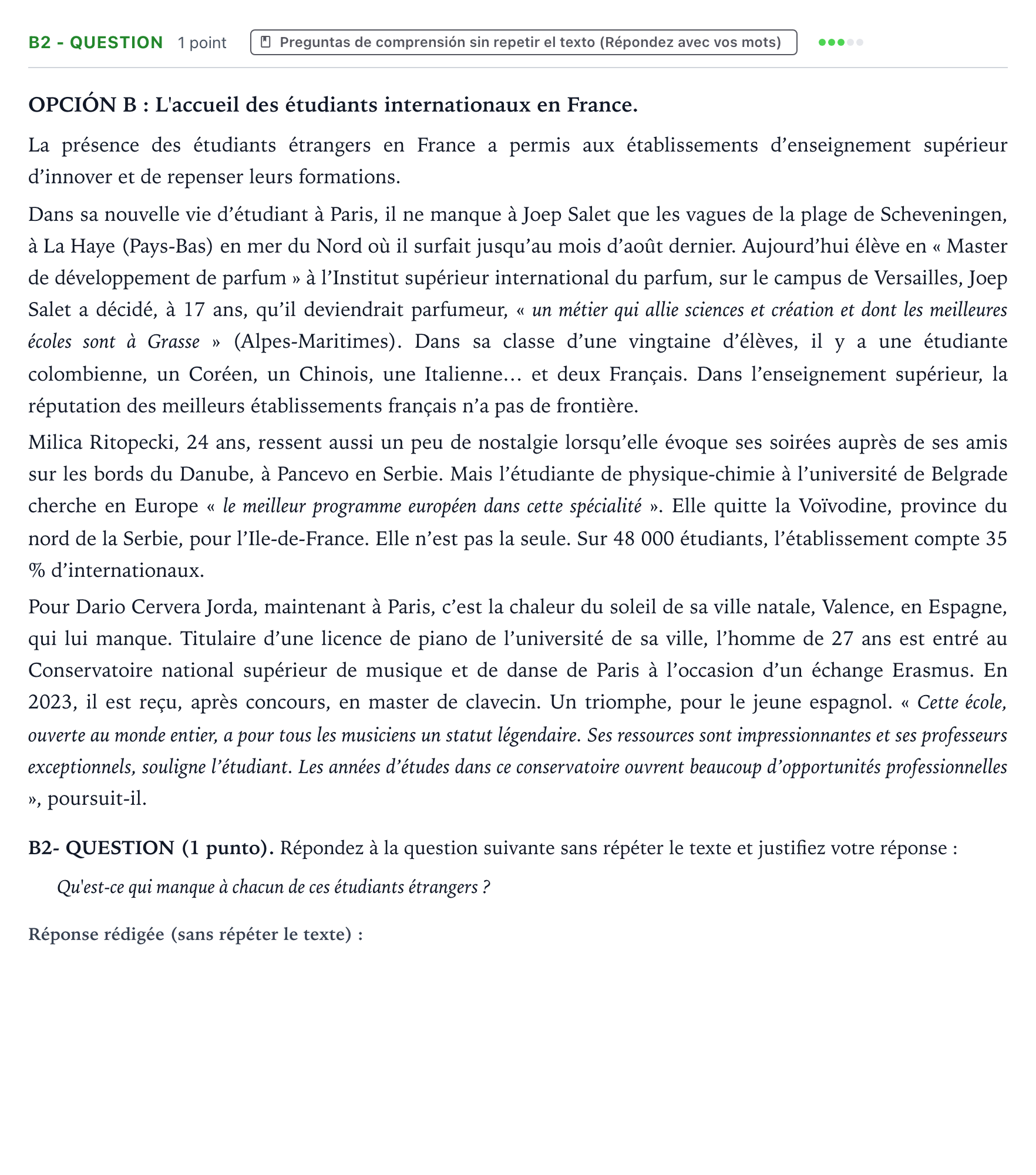 Enunciado: Ejercicio B2 - QUESTION · Francés PAU Castilla y León Ordinaria (Fase Mejora de Nota) 2024