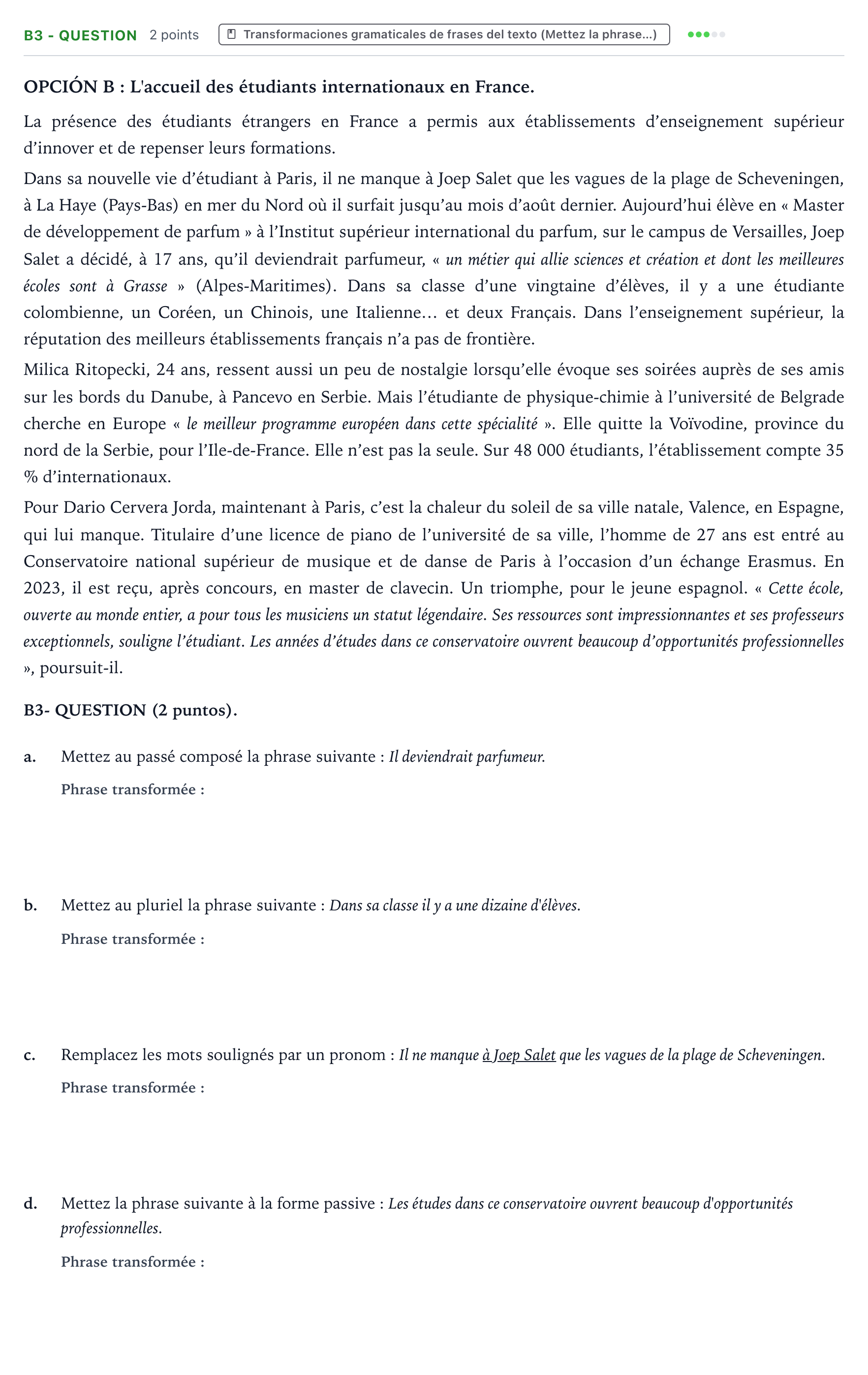 Enunciado: Ejercicio B3 - QUESTION · Francés PAU Castilla y León Ordinaria (Fase Mejora de Nota) 2024