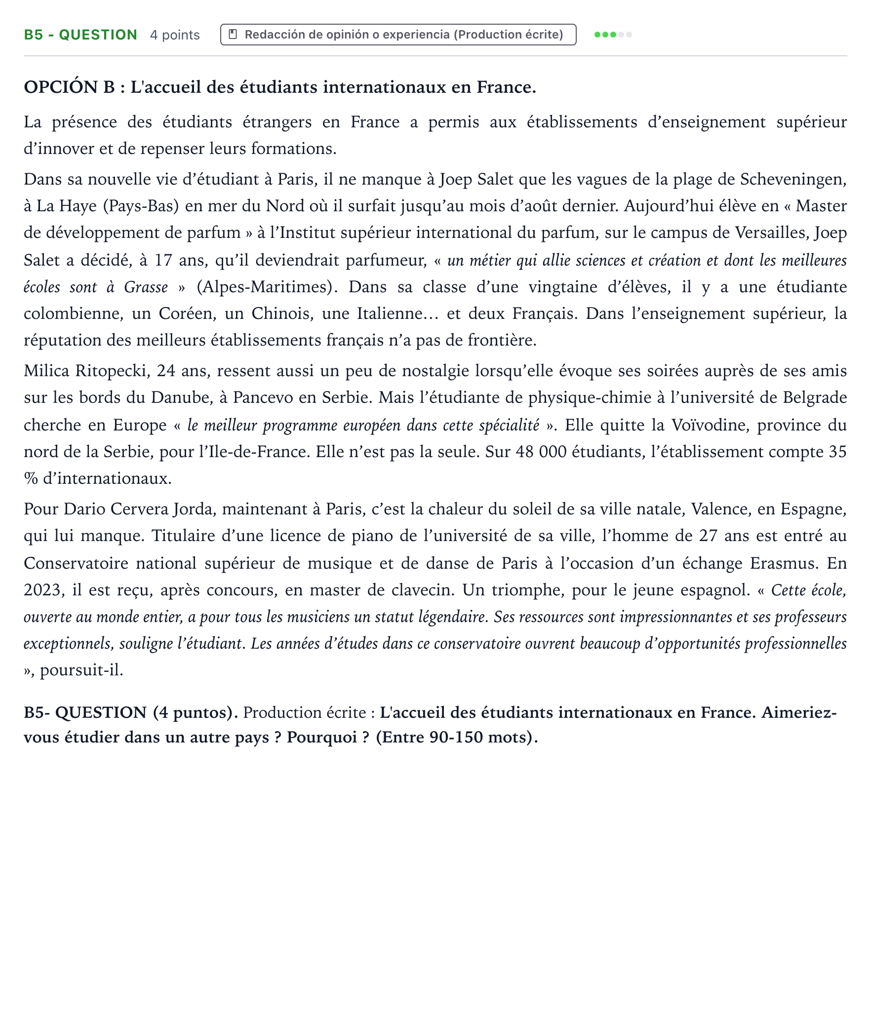 Enunciado: Ejercicio B5 - QUESTION · Francés PAU Castilla y León Ordinaria (Fase Mejora de Nota) 2024