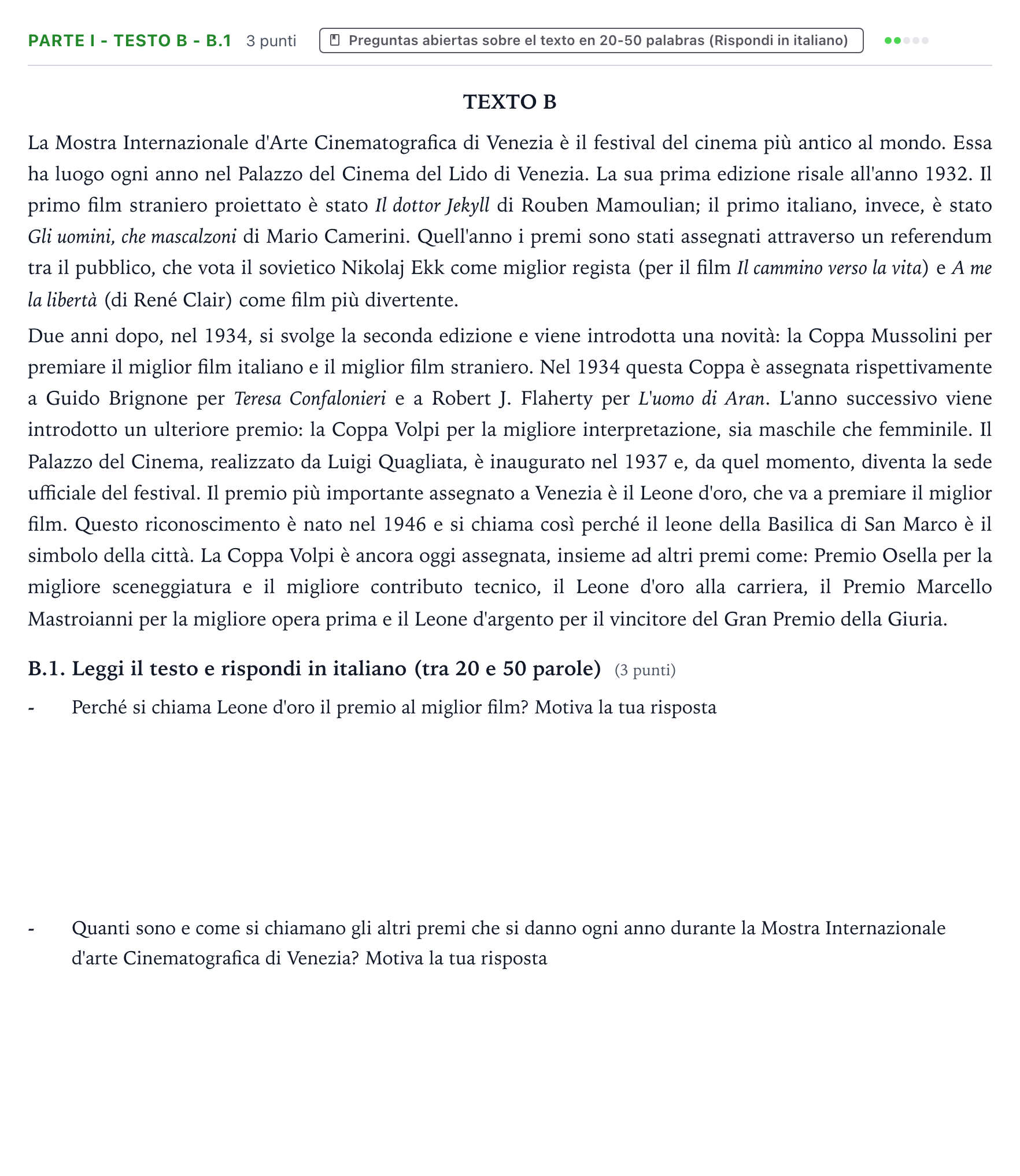 Enunciado: Ejercicio Parte I - Testo B - B.1 · Italiano PAU Castilla y León Ordinaria 2024