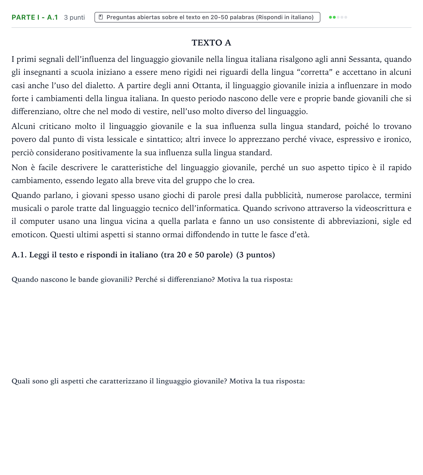 Enunciado: Ejercicio Parte I - A.1 · Italiano PAU Castilla y León Extraordinaria (Fase Mejora de Nota) 2024