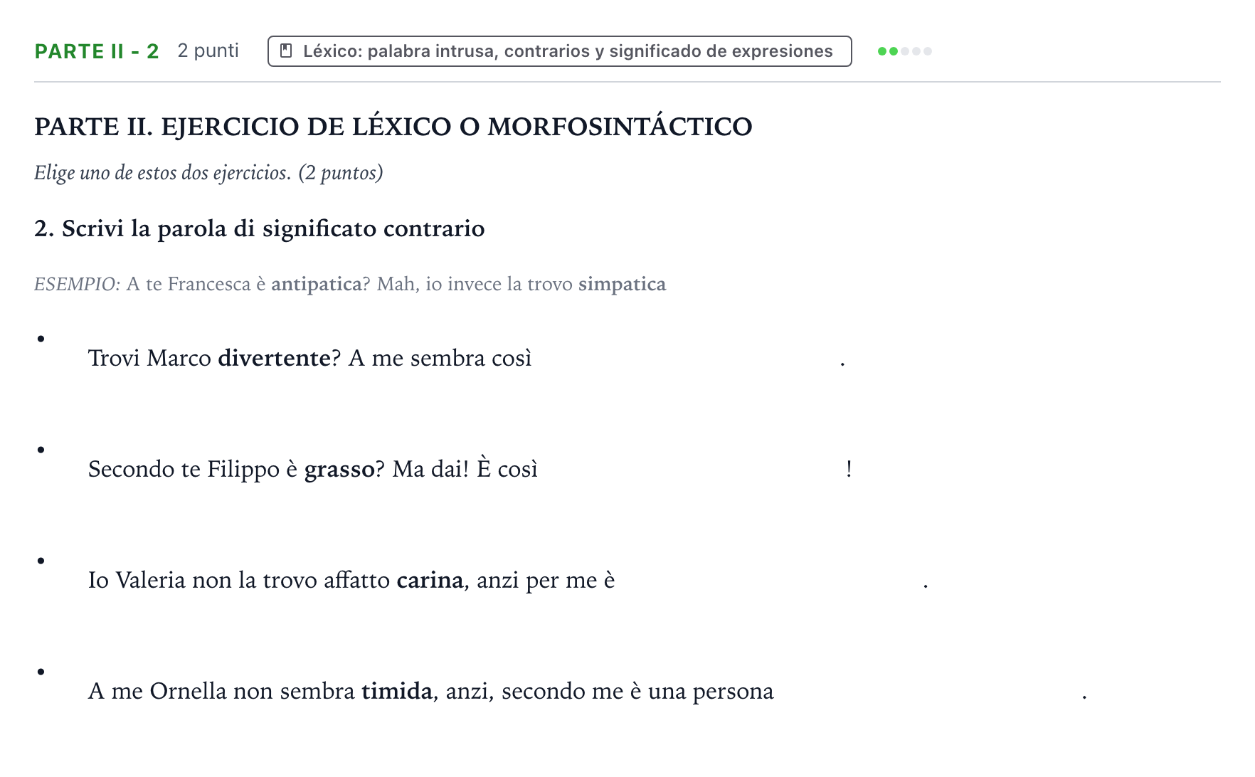 Enunciado: Ejercicio Parte II - 2 · Italiano PAU Castilla y León Extraordinaria (Fase Mejora de Nota) 2024