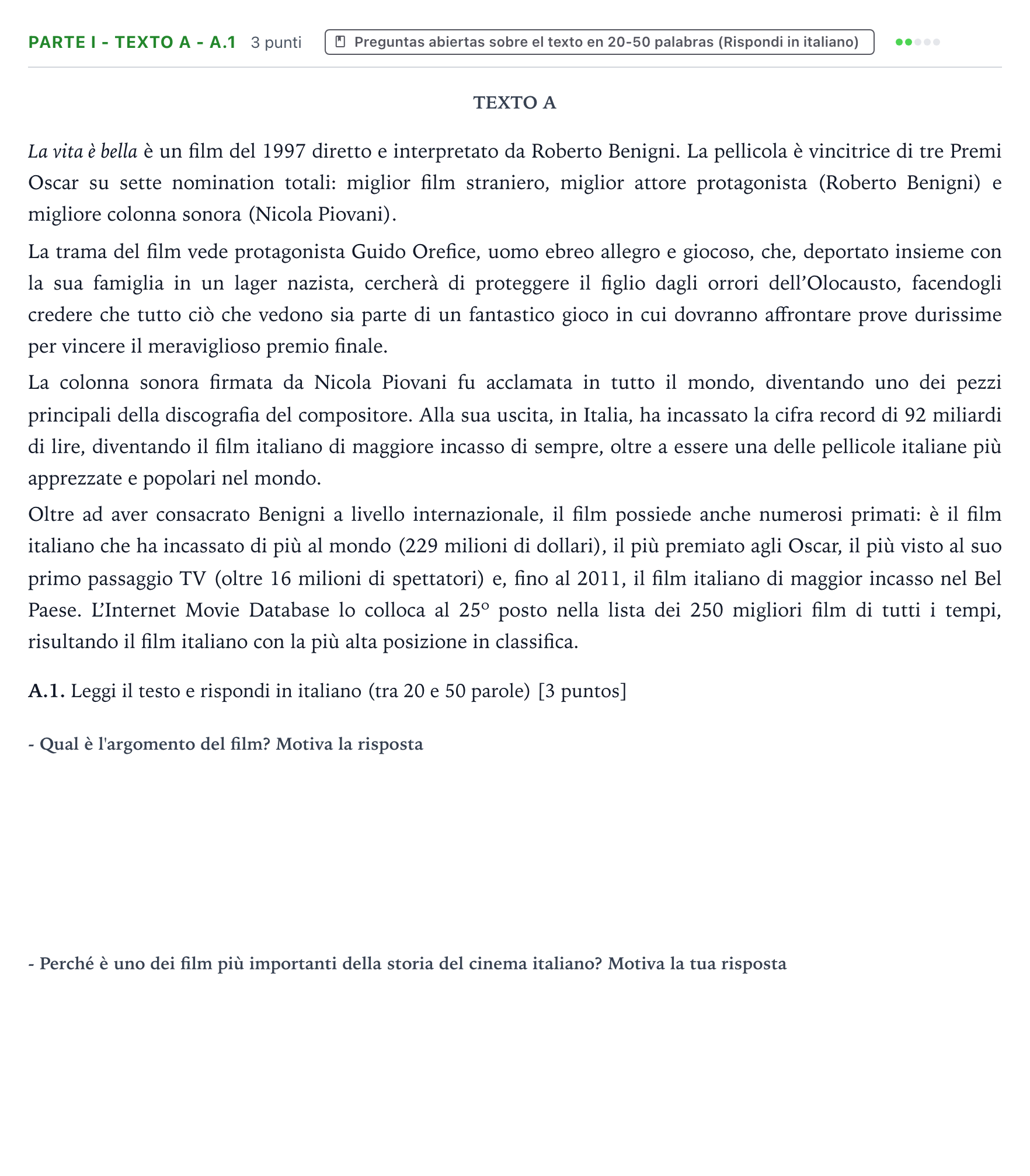 Enunciado: Ejercicio Parte I - Texto A - A.1 · Italiano PAU Castilla y León Ordinaria (Fase Mejora de Nota) 2024