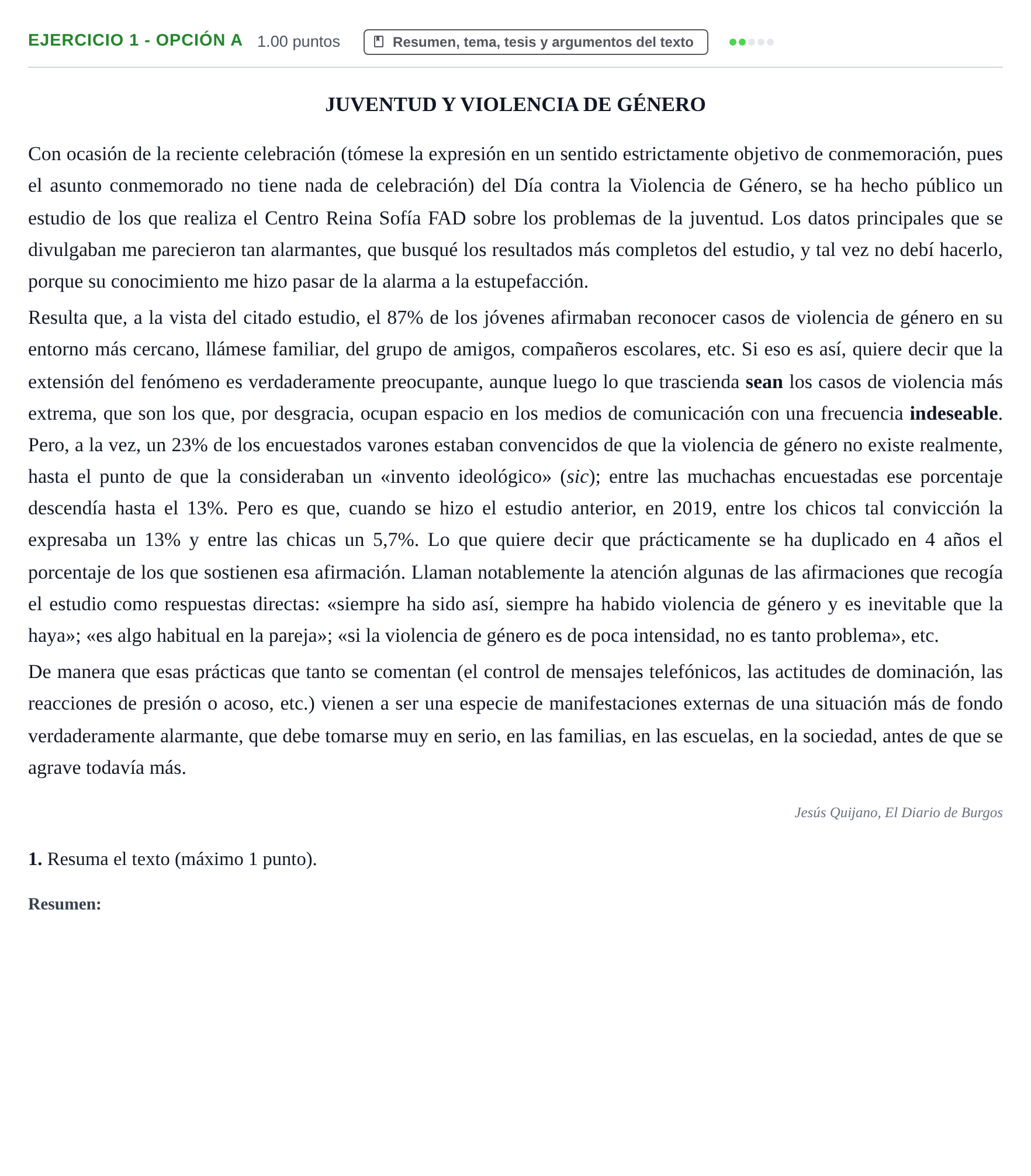 Enunciado: Ejercicio 1 - Opción A · Lengua Castellana y Literatura II PAU Castilla y León Extraordinaria 2024