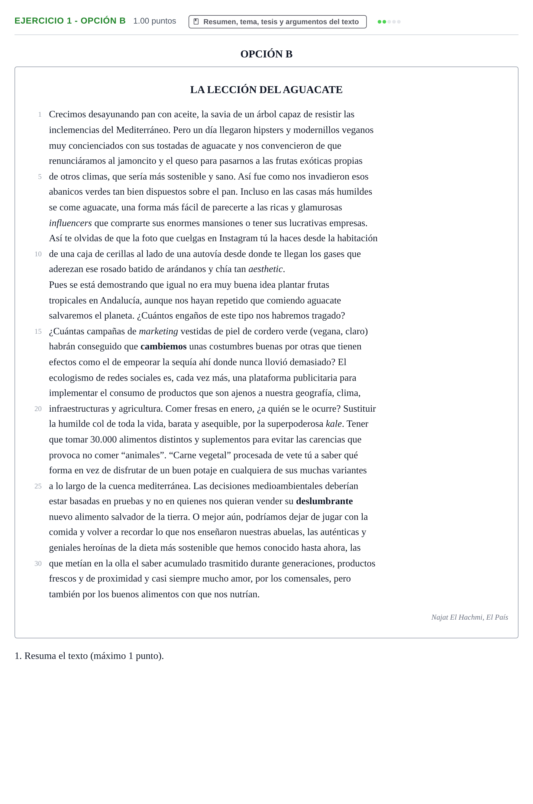 Enunciado: Ejercicio 1 - Opción B · Lengua Castellana y Literatura II PAU Castilla y León Extraordinaria 2024