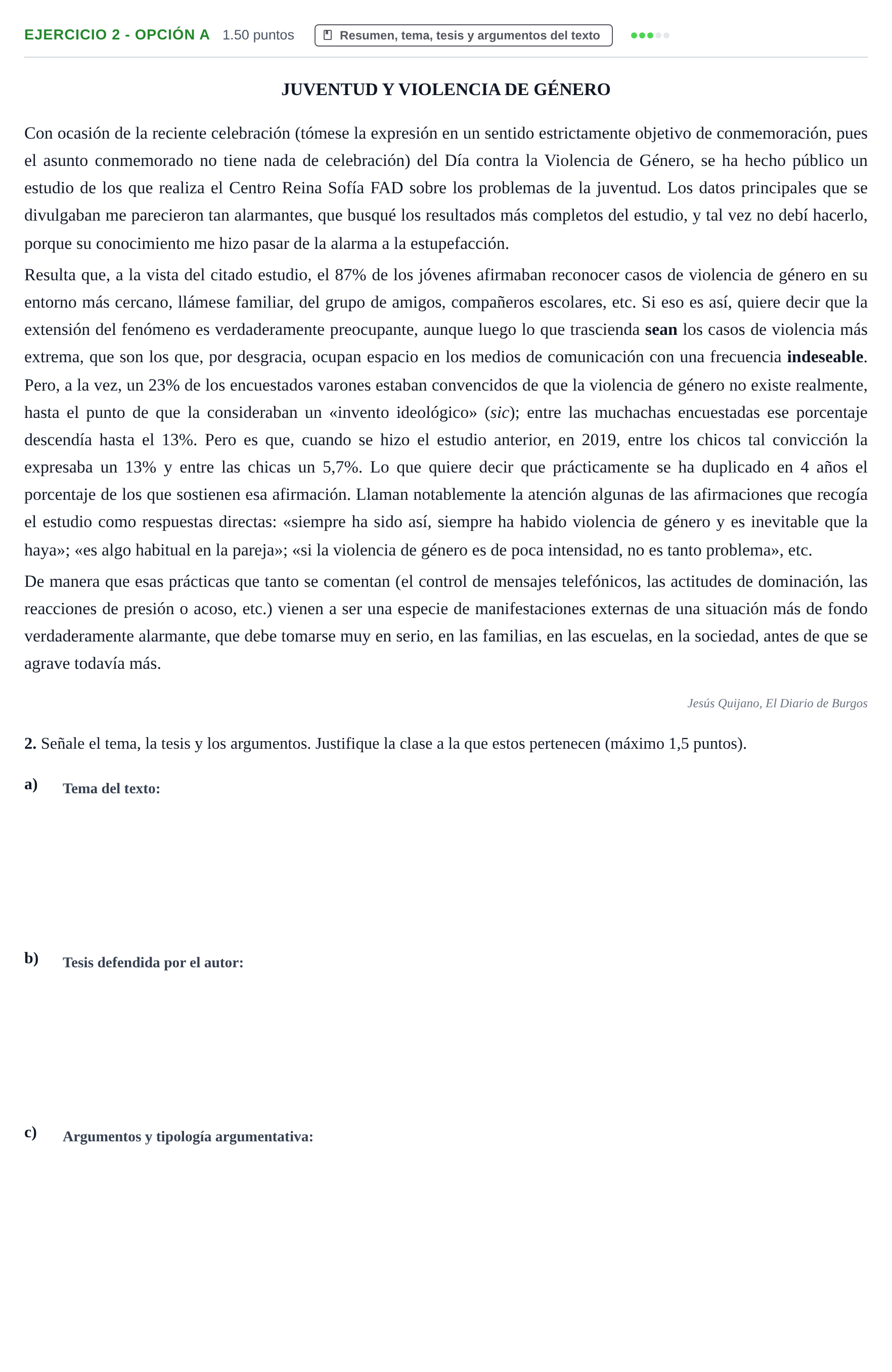 Enunciado: Ejercicio 2 - Opción A · Lengua Castellana y Literatura II PAU Castilla y León Extraordinaria 2024