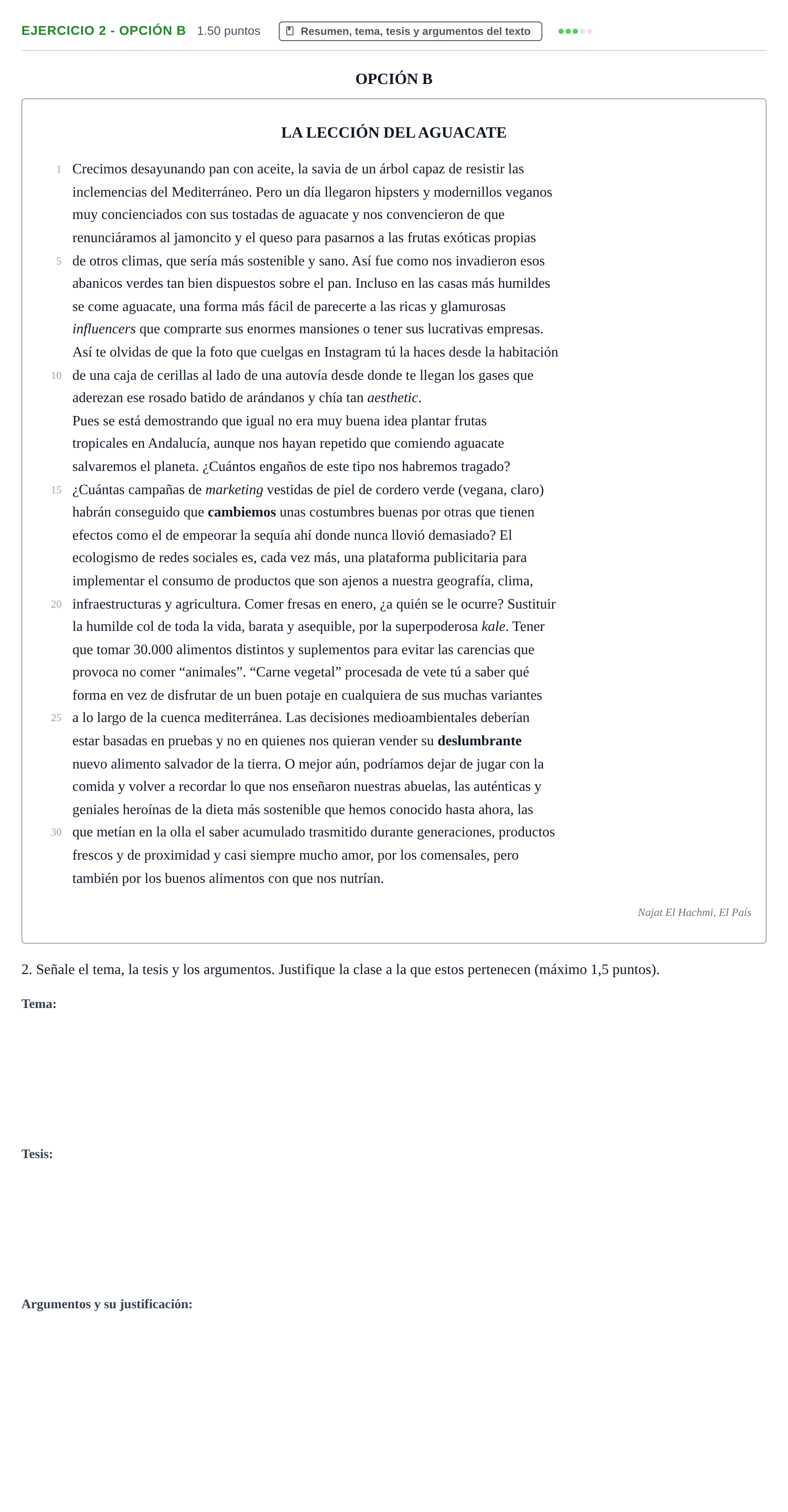 Enunciado: Ejercicio 2 - Opción B · Lengua Castellana y Literatura II PAU Castilla y León Extraordinaria 2024