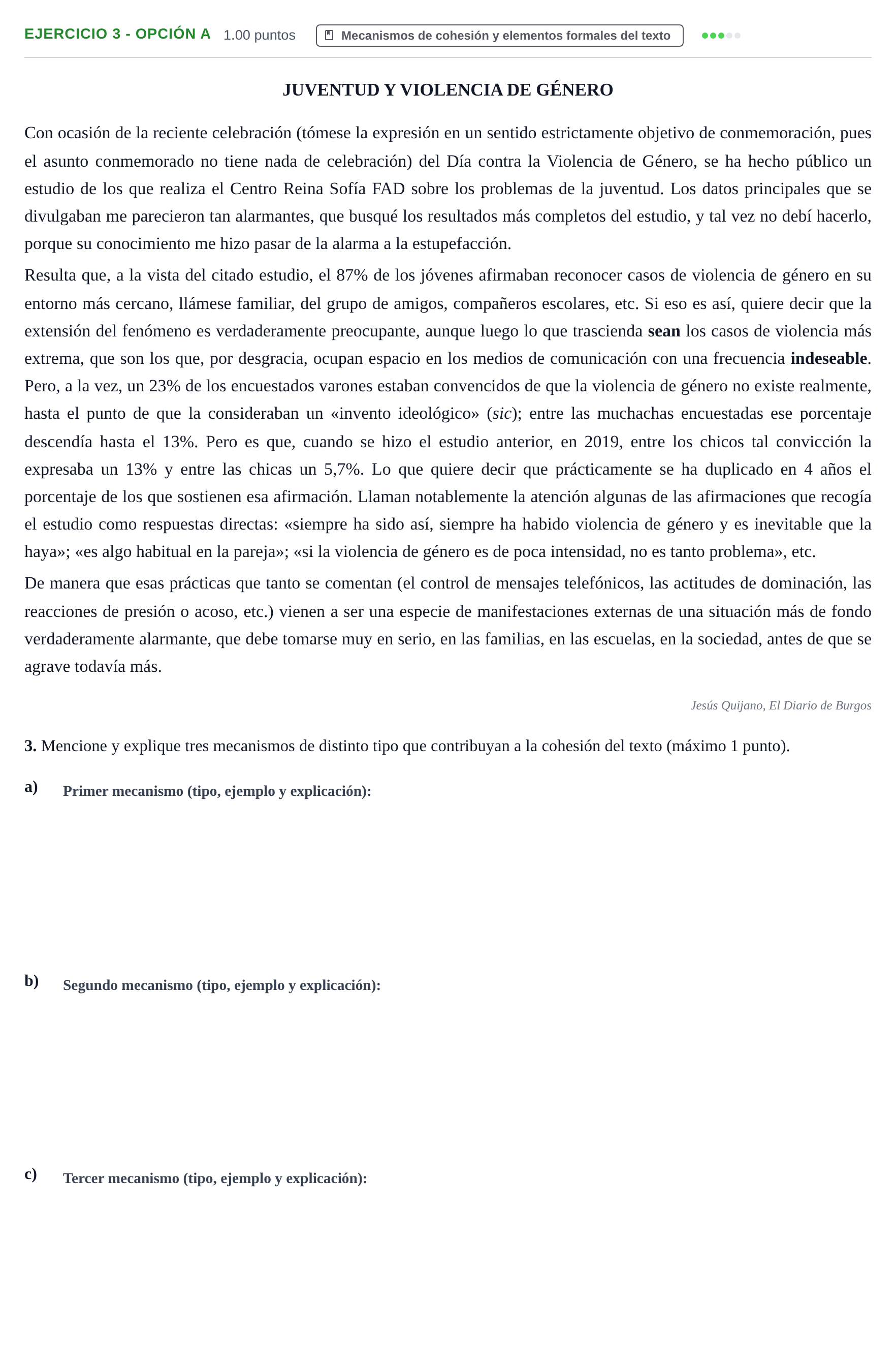 Enunciado: Ejercicio 3 - Opción A · Lengua Castellana y Literatura II PAU Castilla y León Extraordinaria 2024