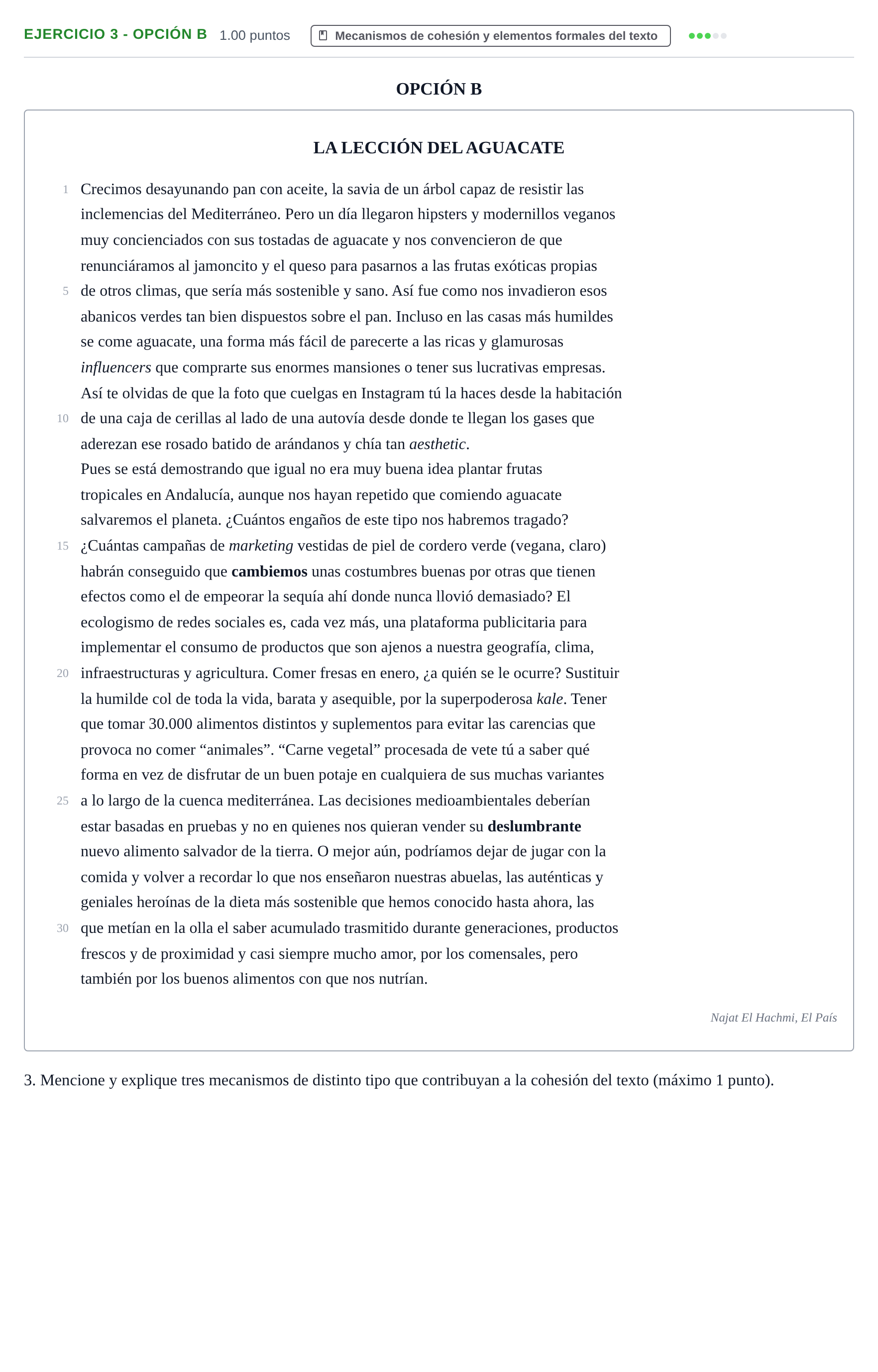 Enunciado: Ejercicio 3 - Opción B · Lengua Castellana y Literatura II PAU Castilla y León Extraordinaria 2024