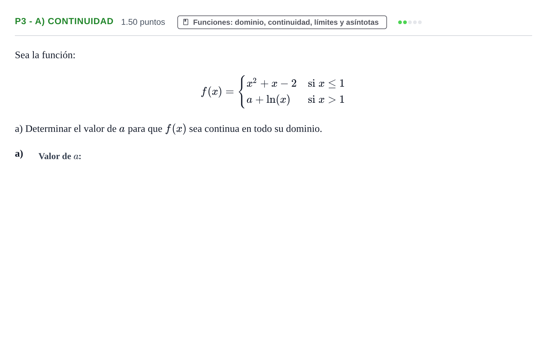 Enunciado: Ejercicio P3 - a) Continuidad · Matemáticas aplicadas a las Ciencias Sociales II PAU Castilla y León Ordinaria 2024