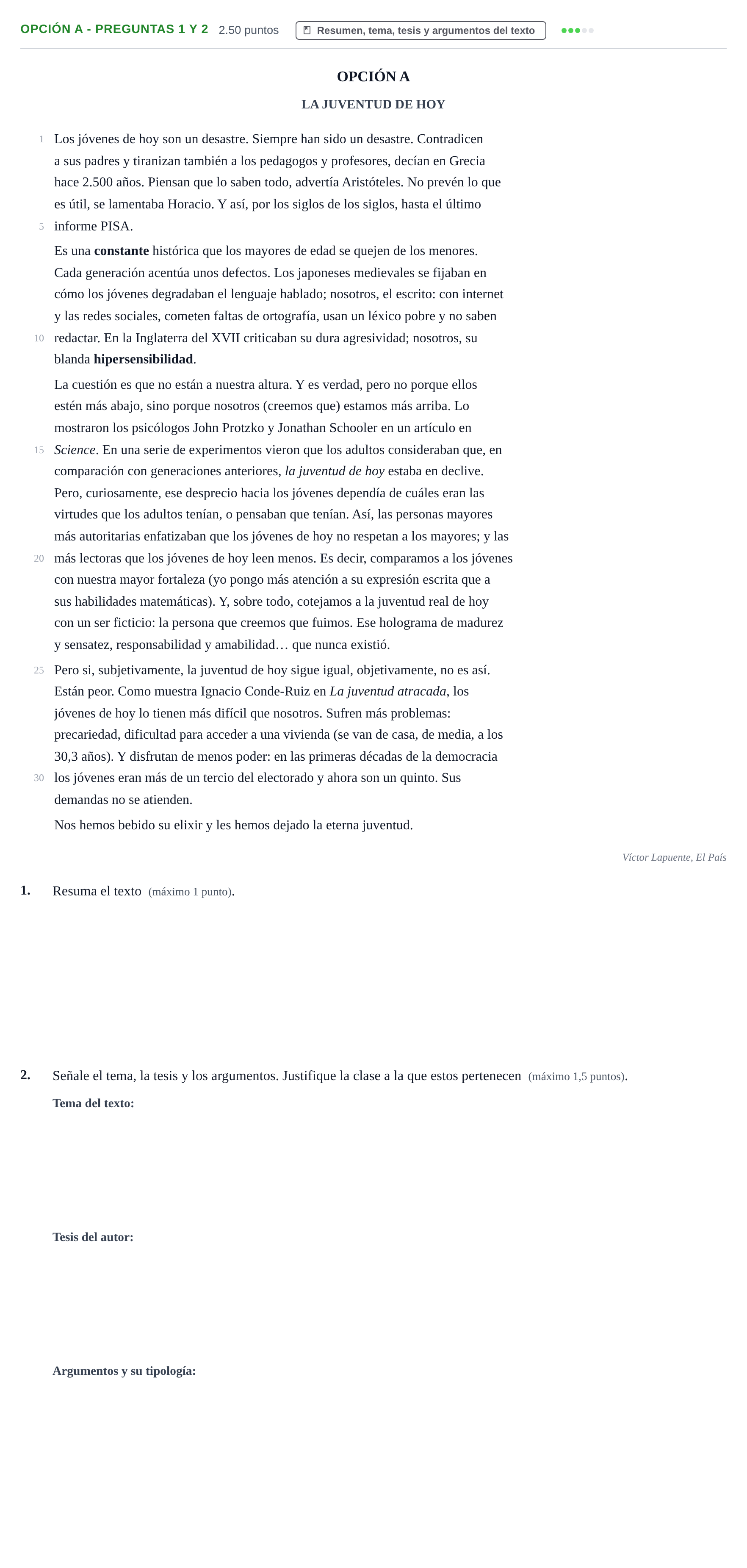 Enunciado: Opción A - Preguntas 1 y 2 · Lengua Castellana y Literatura II PAU Castilla y León Ordinaria 2024