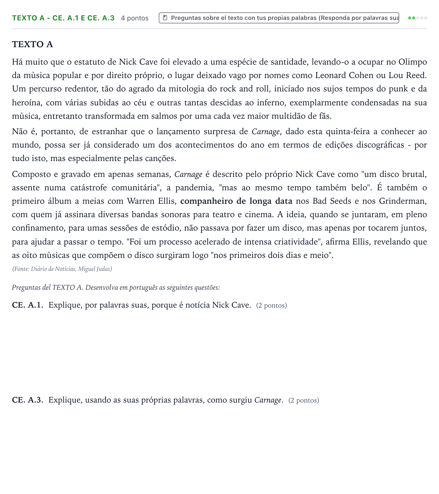 Enunciado: Ejercicio Texto A - CE. A.1 e CE. A.3 · Portugués PAU Castilla y León Extraordinaria (Fase Mejora de Nota) 2024