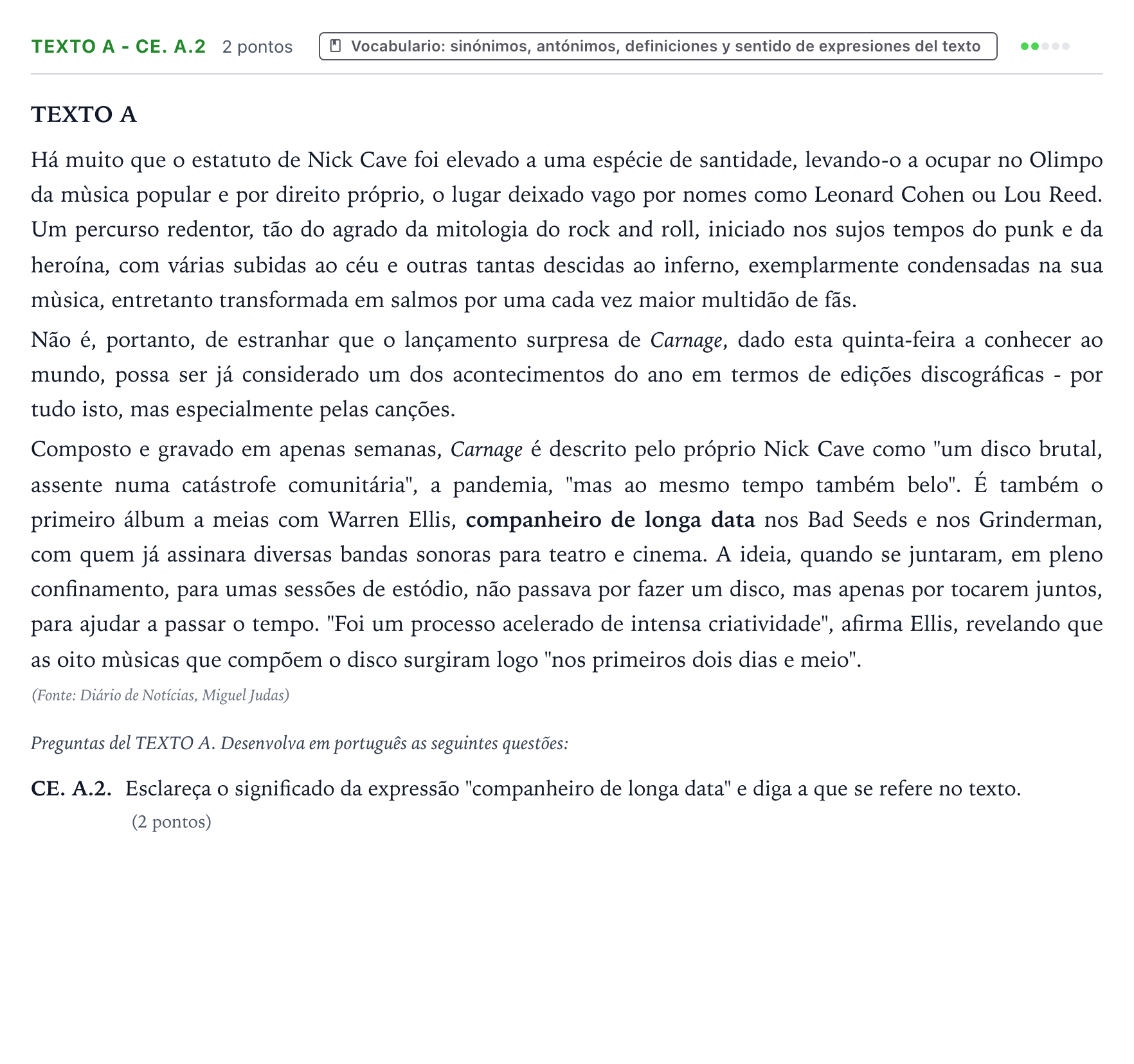 Enunciado: Ejercicio Texto A - CE. A.2 · Portugués PAU Castilla y León Extraordinaria (Fase Mejora de Nota) 2024