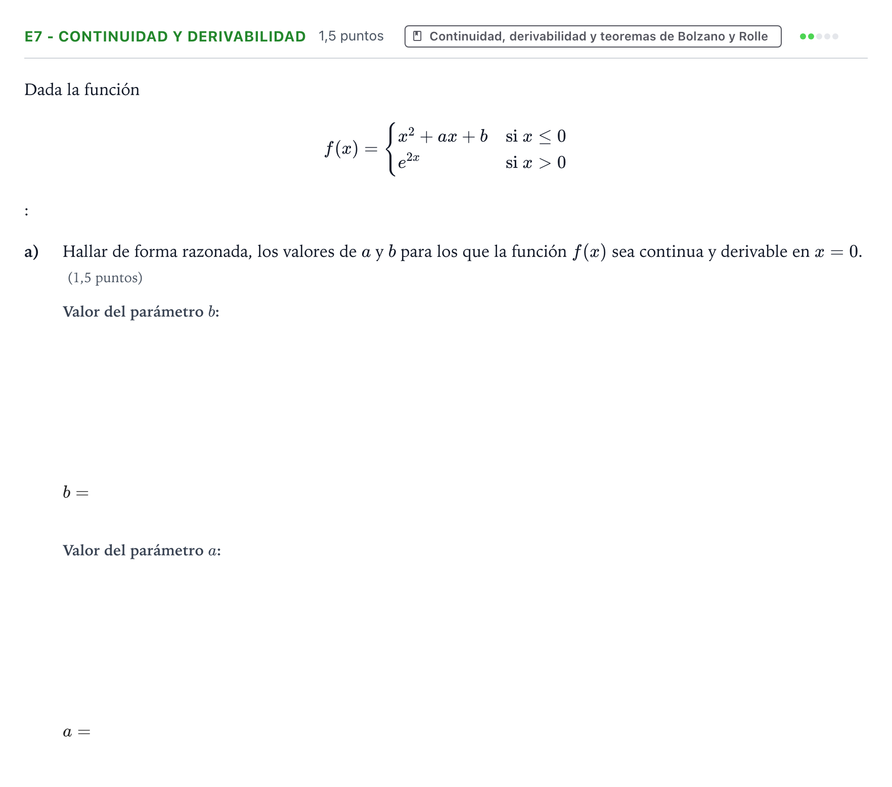 Enunciado: Ejercicio E7 - Continuidad y derivabilidad · Matemáticas II PAU Castilla y León Extraordinaria (Fase Mejora de Nota) 2024