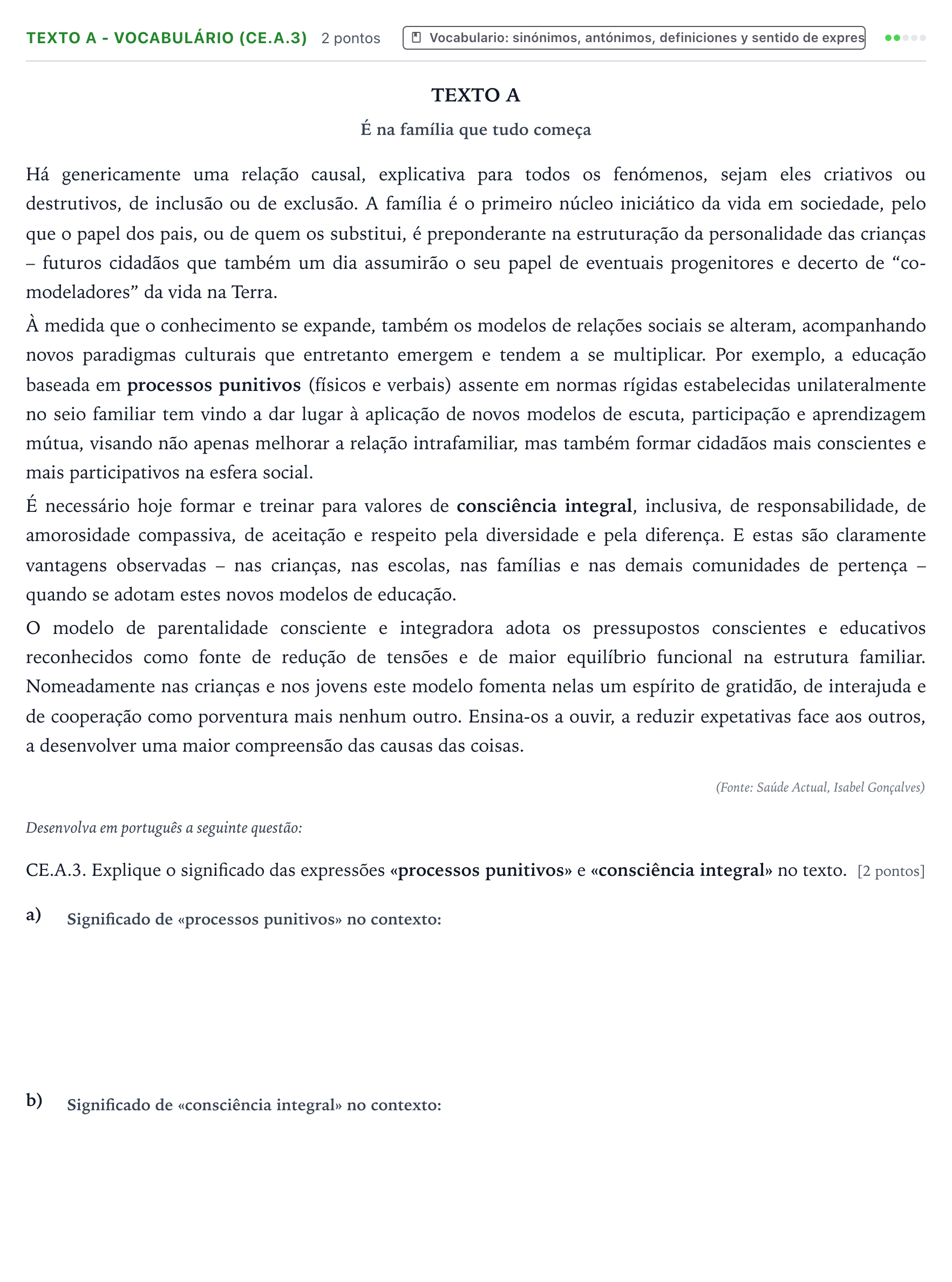 Enunciado: Ejercicio Texto A - Vocabulário (CE.A.3) · Portugués PAU Castilla y León Ordinaria (Fase Mejora de Nota) 2024
