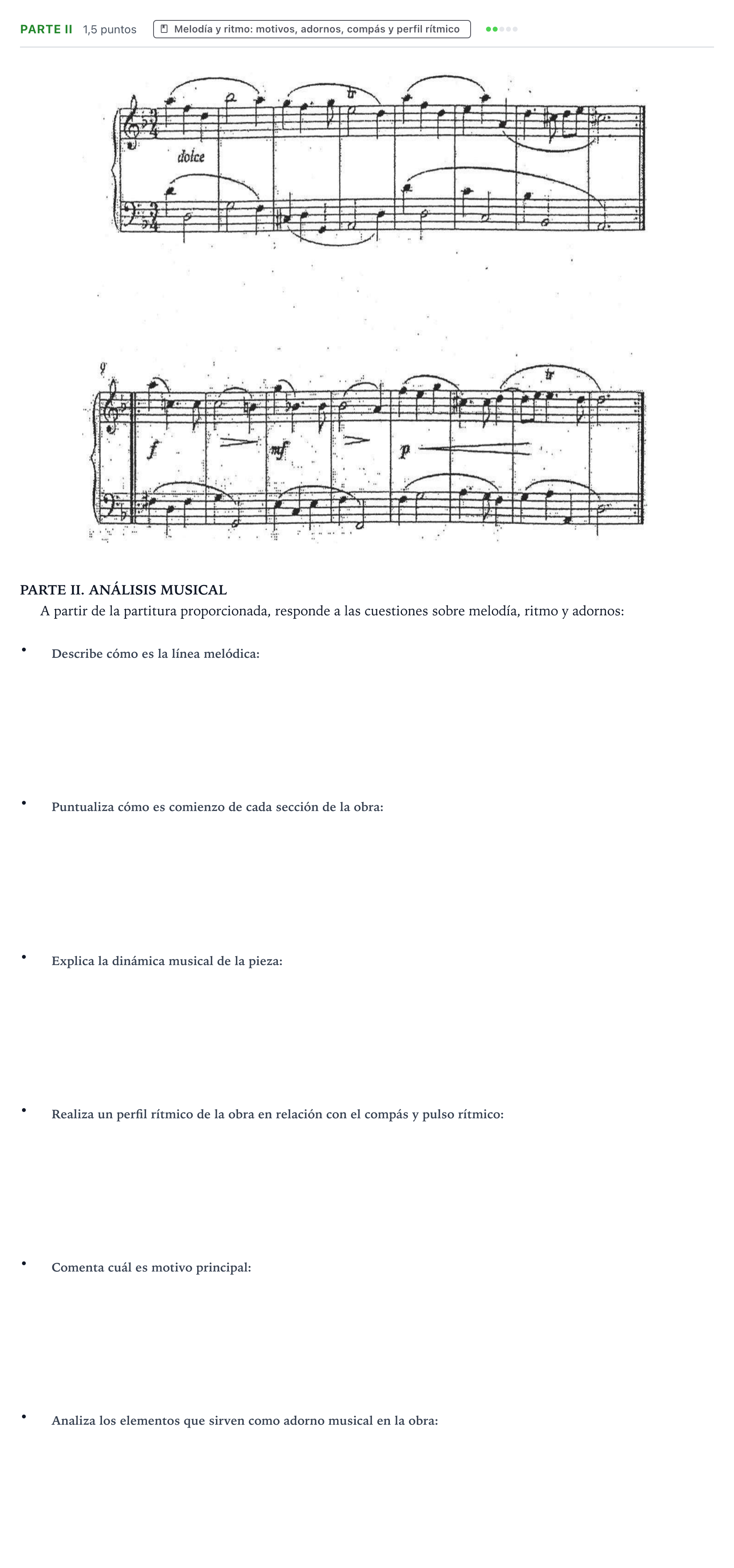 Enunciado: Ejercicio Parte II - Melodía y ritmo: motivos, adornos, com… · Análisis Musical II PAU Castilla y León Ordinaria 2024