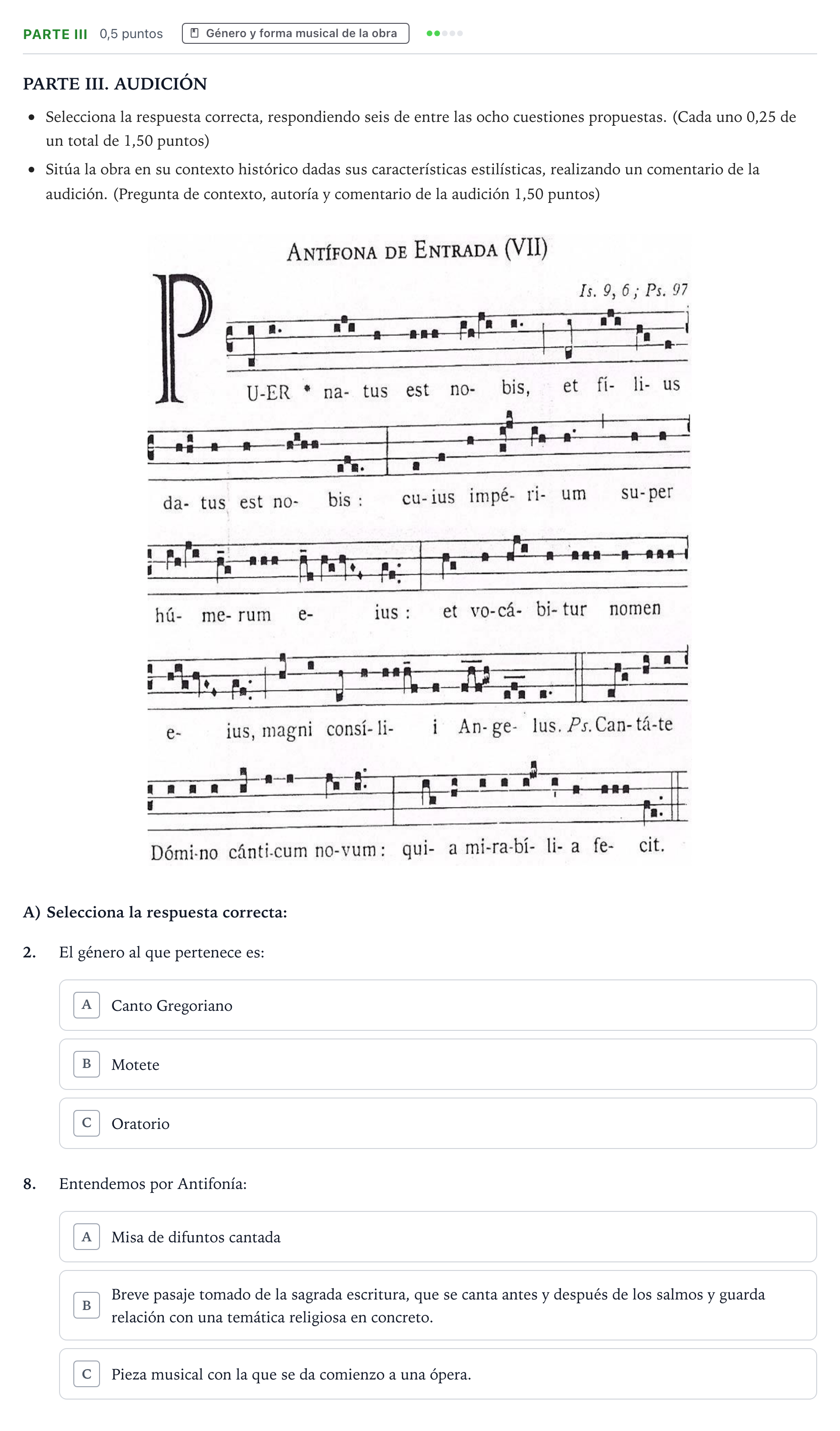 Enunciado: Ejercicio Parte III - Género y forma musical de la obra · Análisis Musical II PAU Castilla y León Ordinaria 2024
