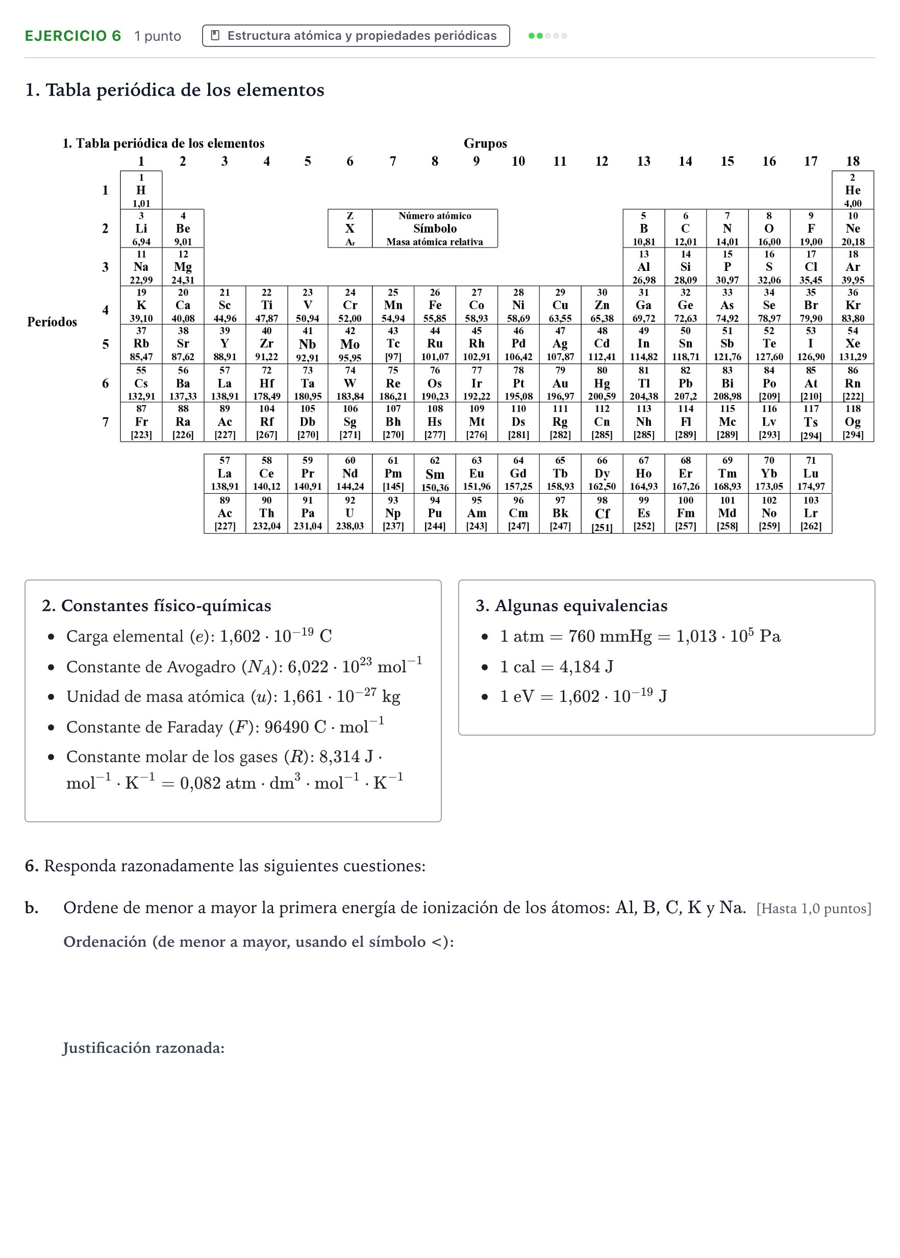 Enunciado: Ejercicio 6 - Estructura atómica y propiedades periódicas · Química PAU Castilla y León Ordinaria 2024