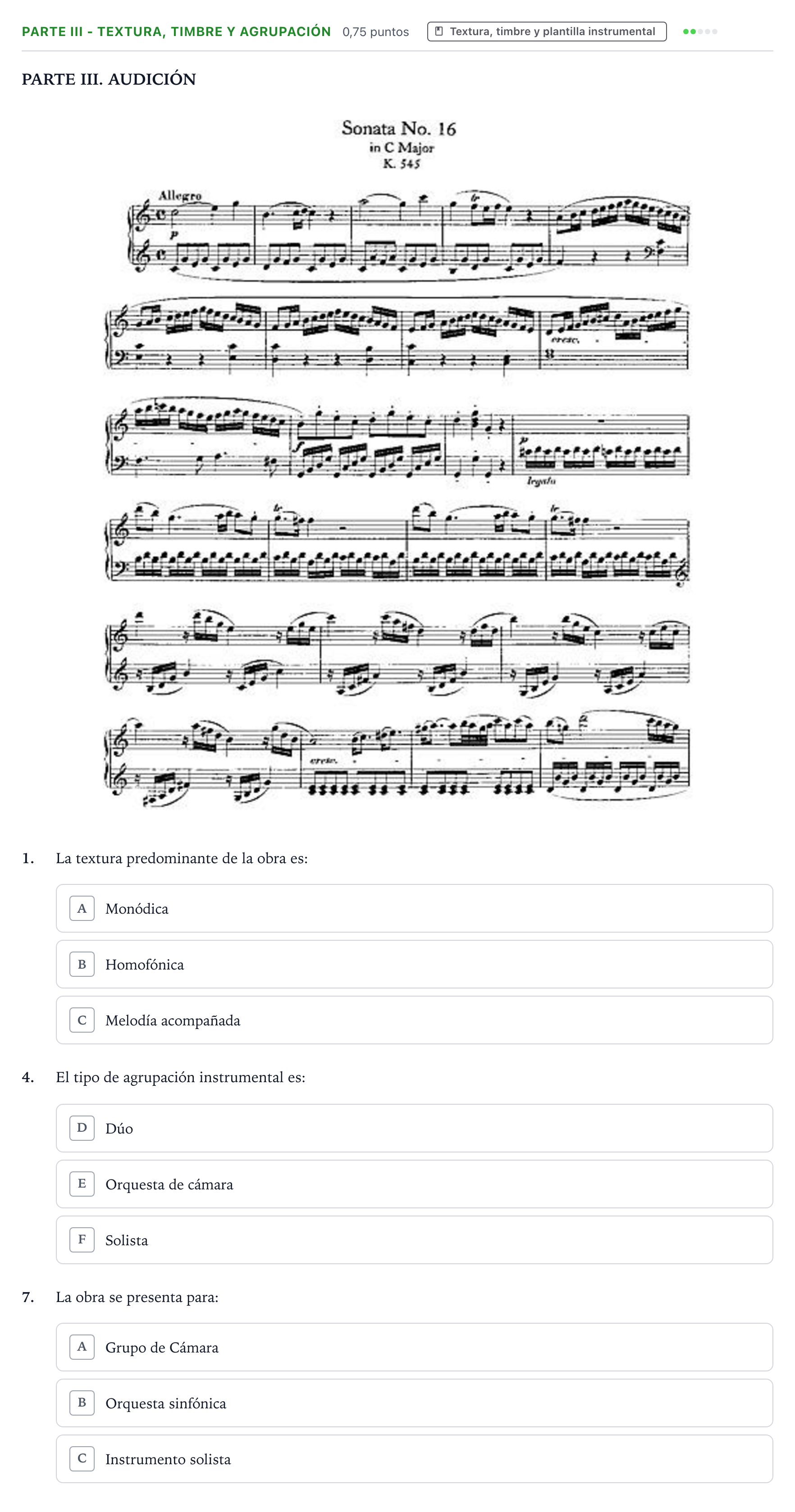 Enunciado: Ejercicio Parte III - Textura, timbre y agrupación · Análisis Musical II PAU Castilla y León Ordinaria (Fase Mejora de Nota) 2024