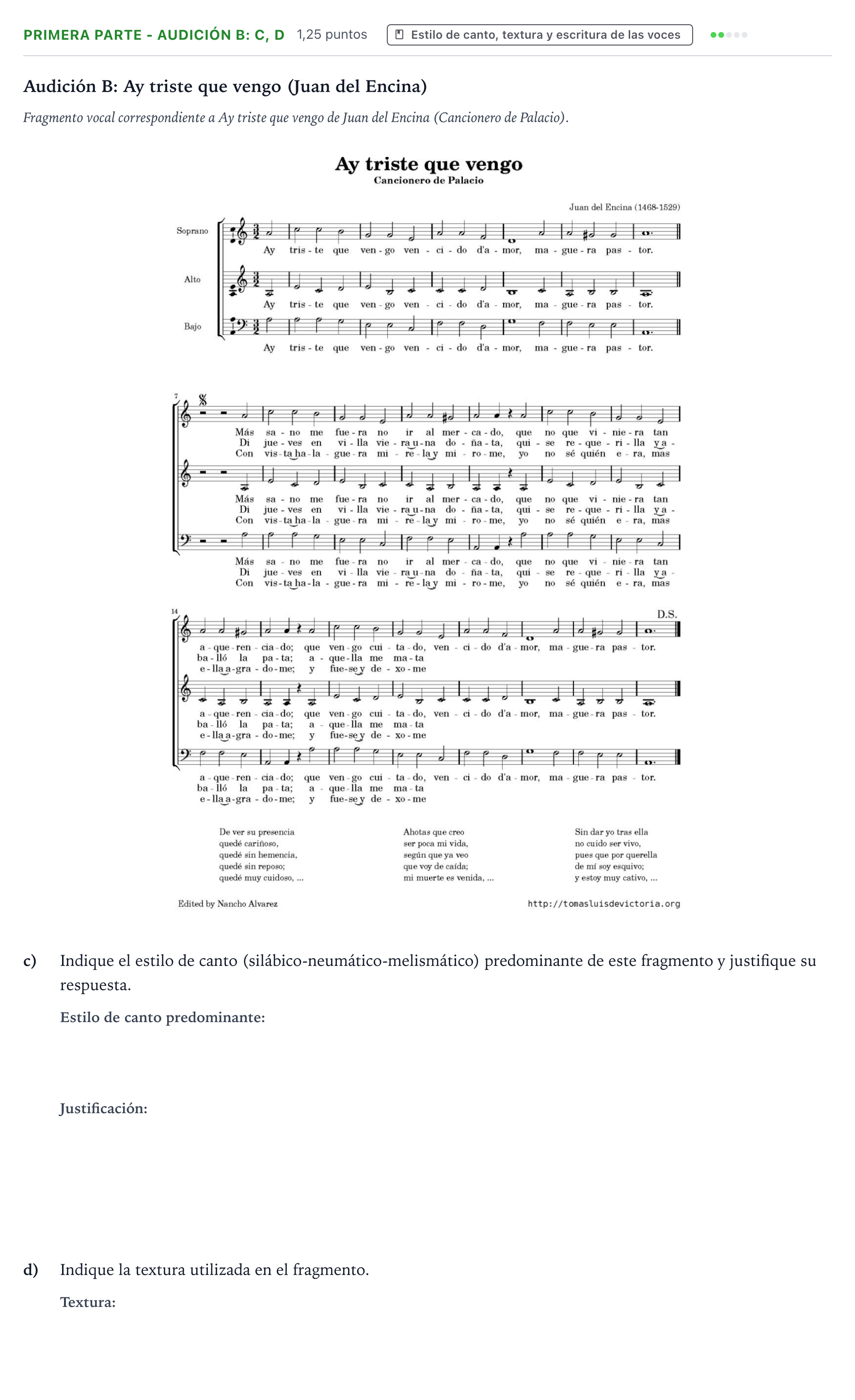 Enunciado: Ejercicio Primera Parte - Audición B: c, d · Coro y Técnica Vocal PAU Castilla y León Ordinaria 2024