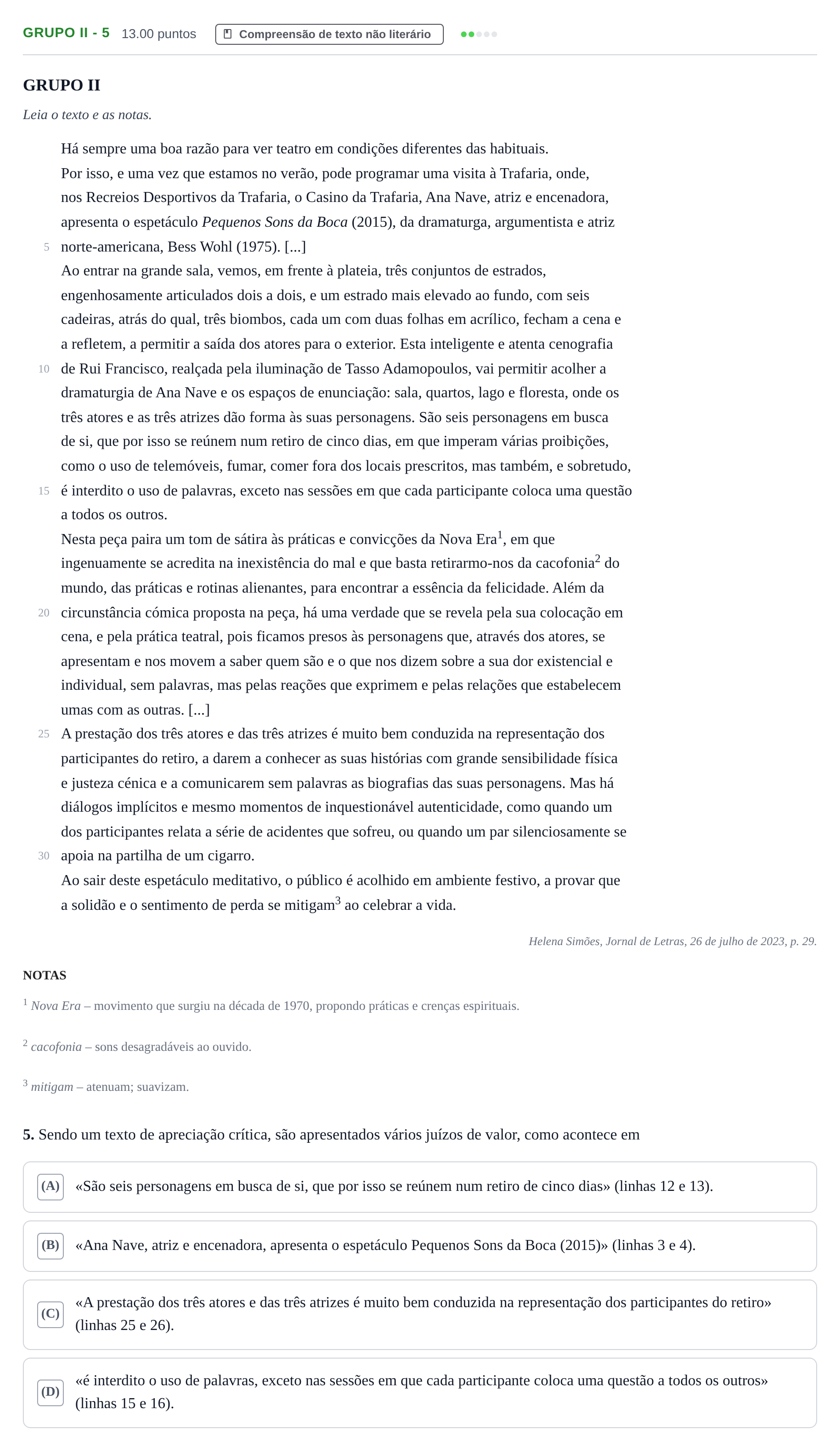 Enunciado: Grupo II - 5 · Exame Nacional Português Época especial 2024