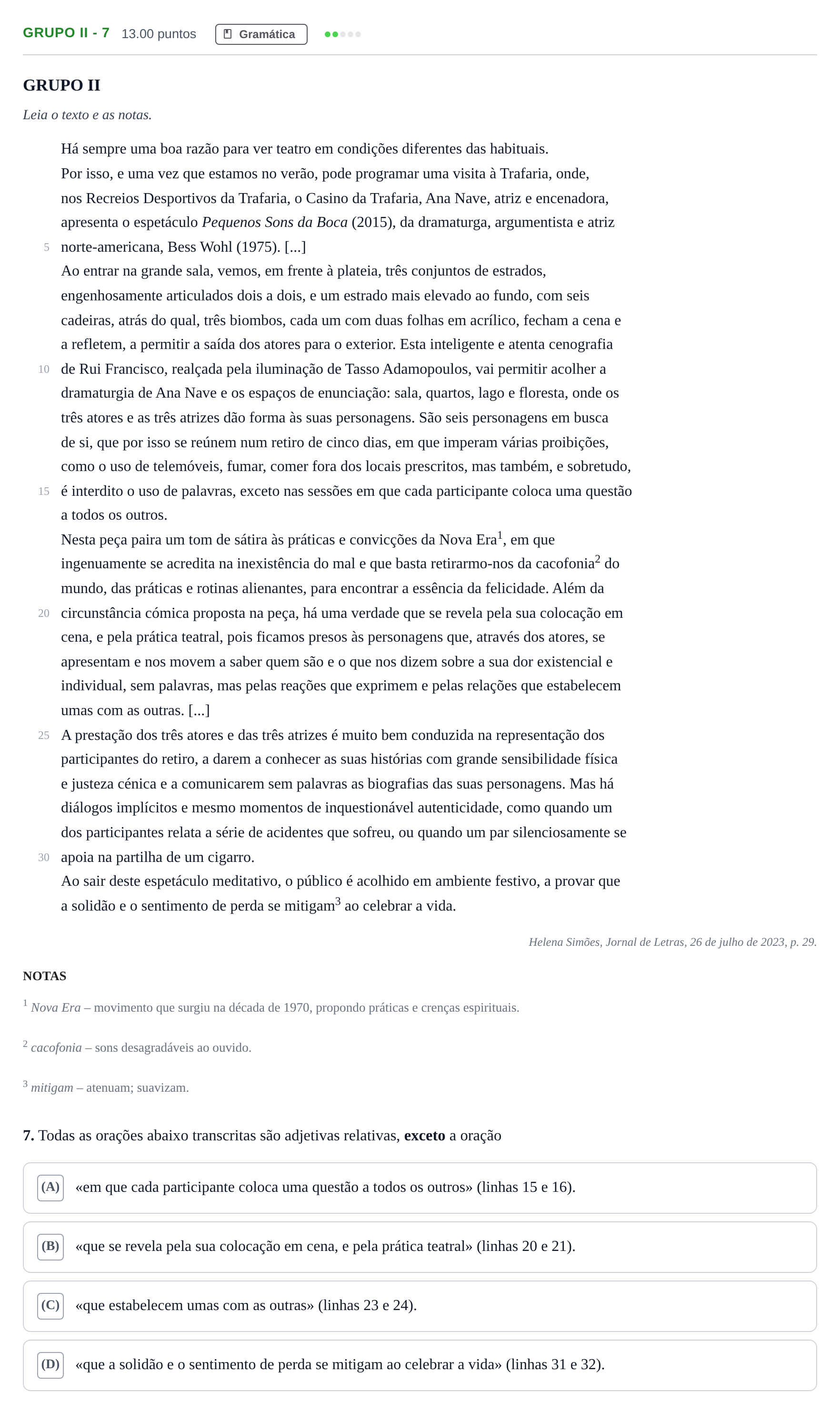Enunciado: Grupo II - 7 · Exame Nacional Português Época especial 2024