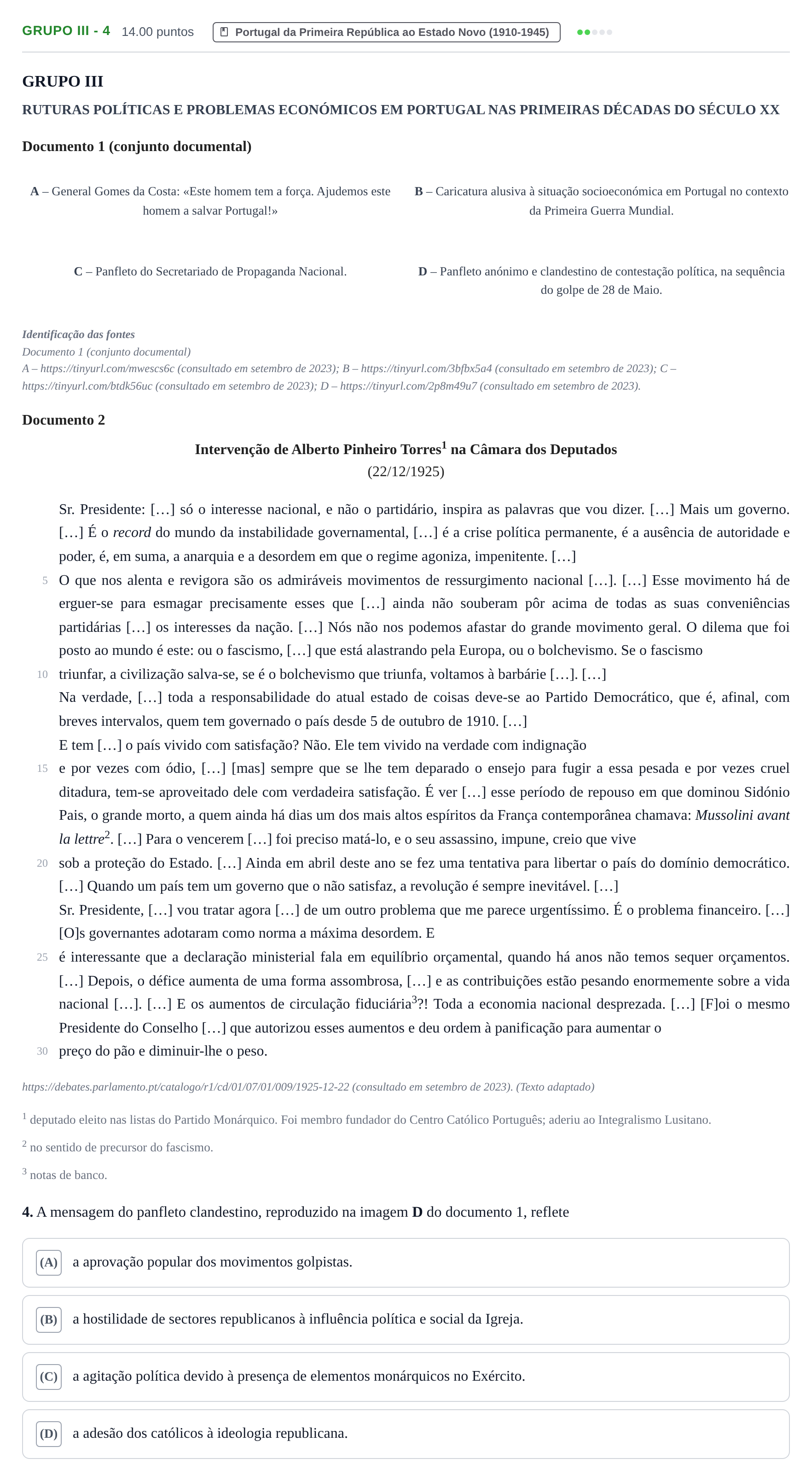 Enunciado: Grupo III - 4 · Exame Nacional História A 1.ª fase 2024