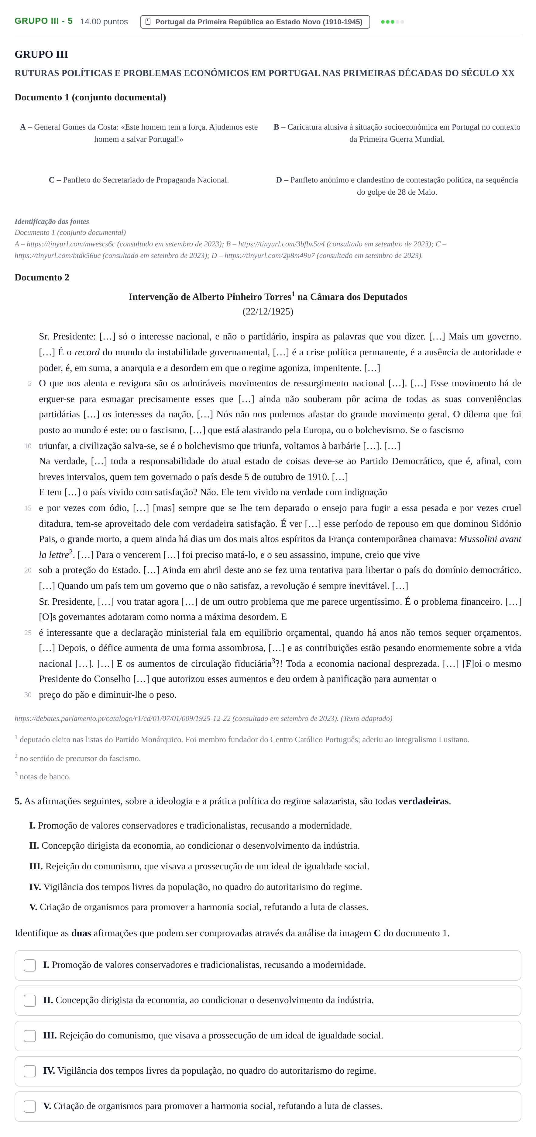 Enunciado: Grupo III - 5 · Exame Nacional História A 1.ª fase 2024