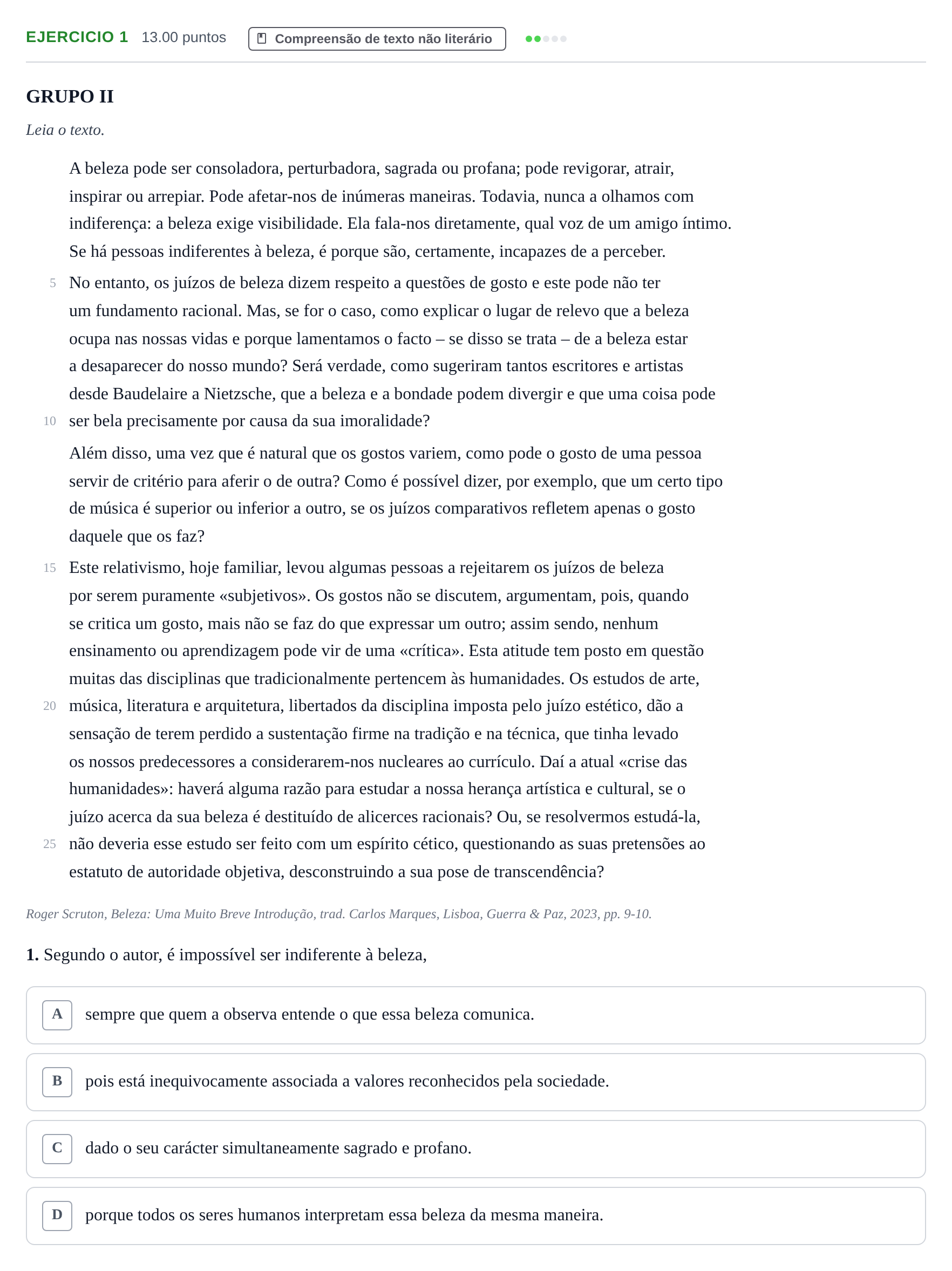 Enunciado: Exercício 1 · Exame Nacional Português 1.ª fase 2024