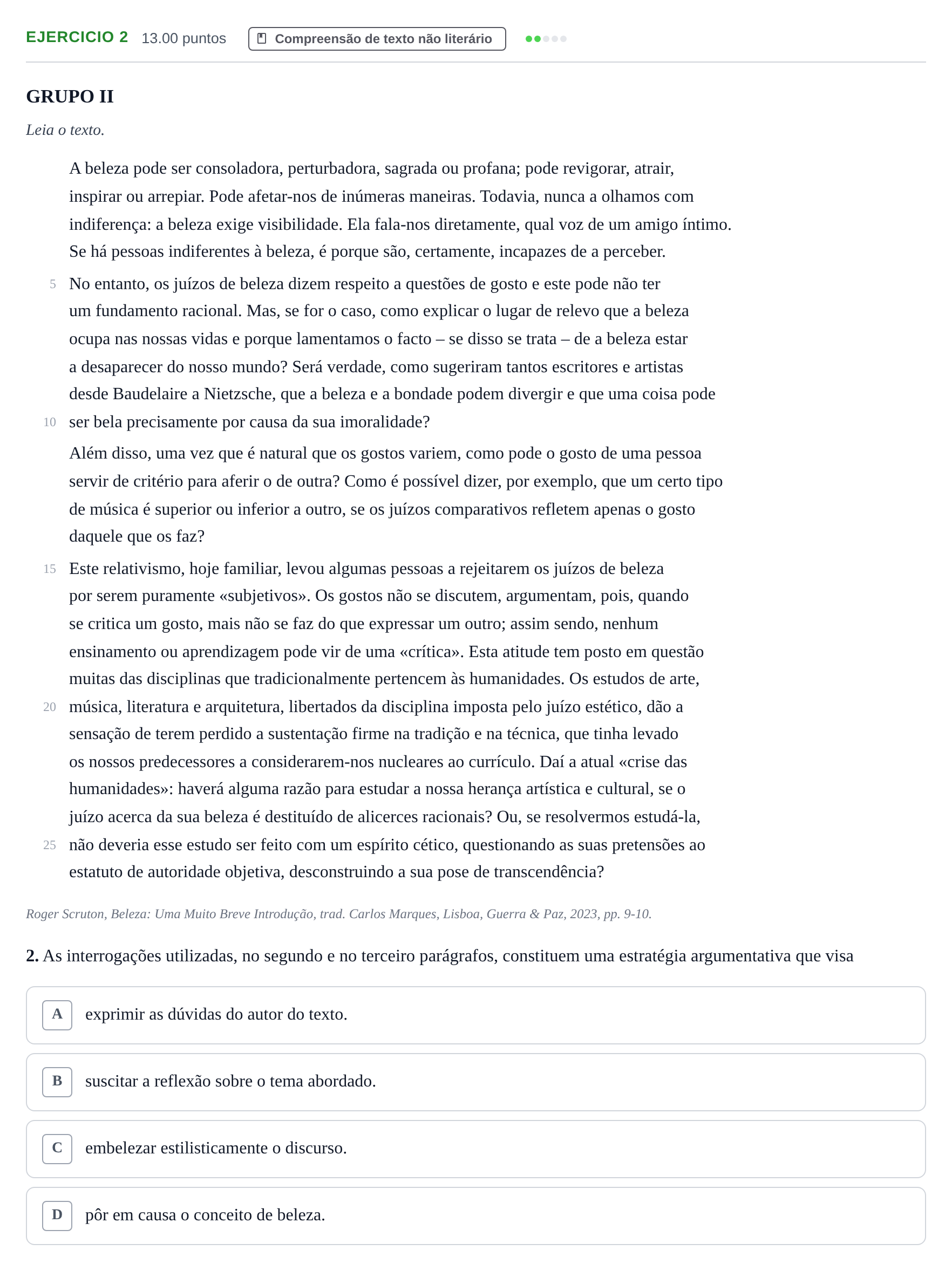 Enunciado: Exercício 2 · Exame Nacional Português 1.ª fase 2024
