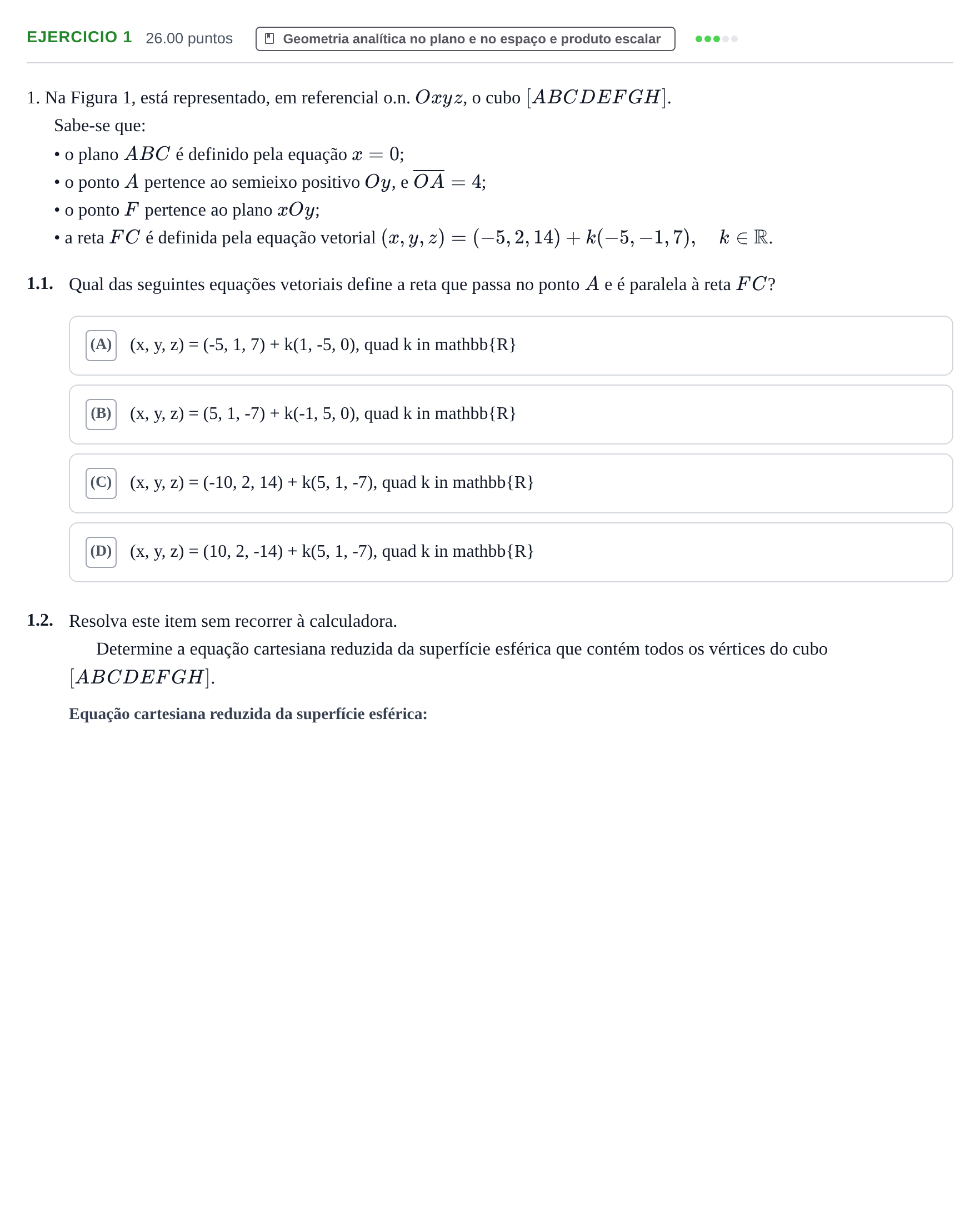 Enunciado: Exercício 1 · Exame Nacional Matemática A 2.ª fase 2024
